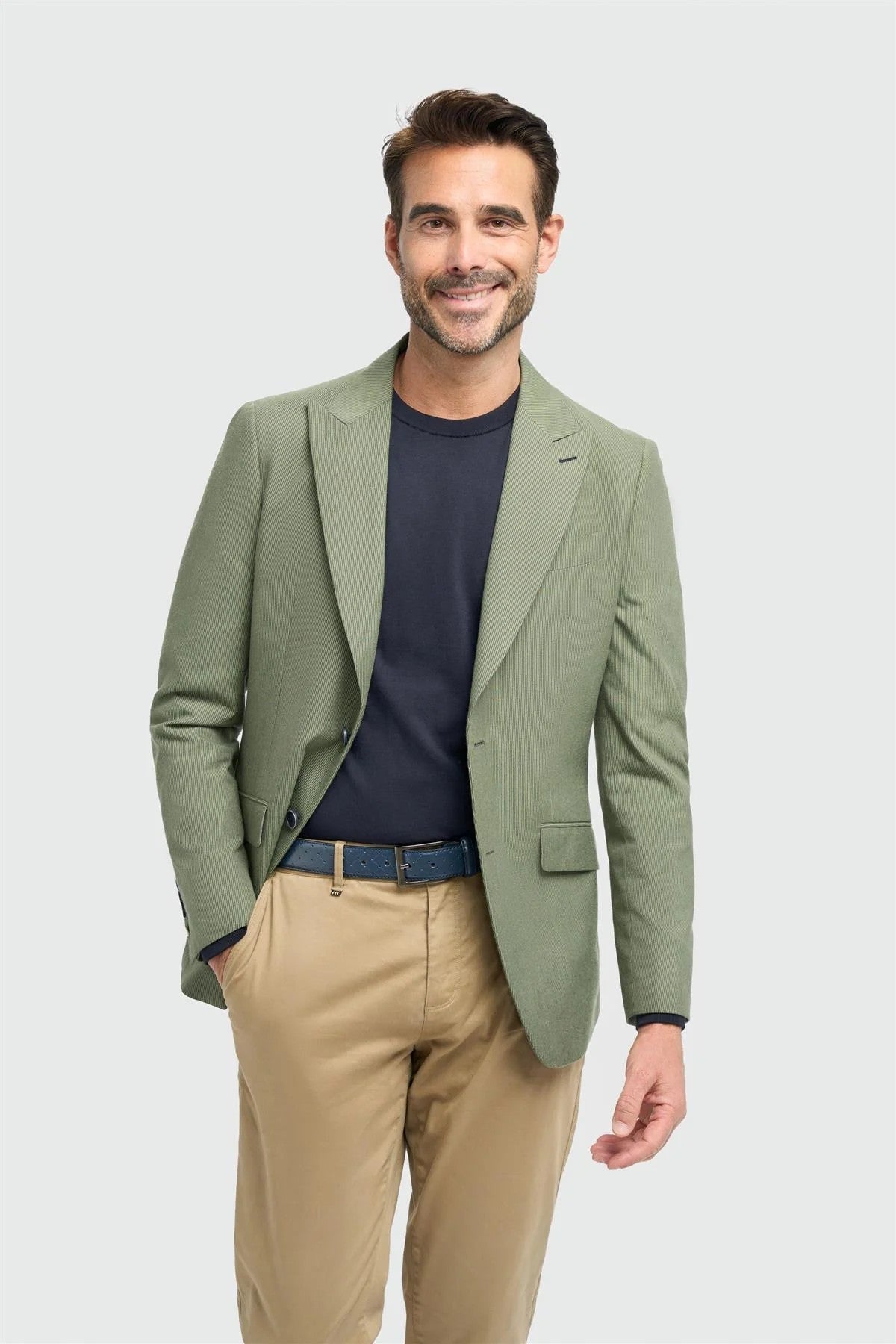 Mens olive green textured blazer CRISTO displayed on model