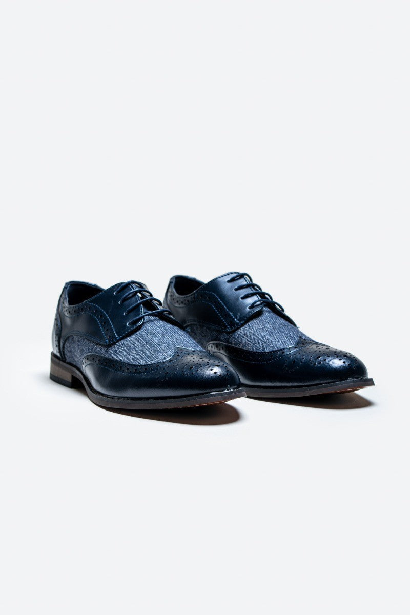 Men's navy leather tweed retro derby brogue shoes, OLIVER.