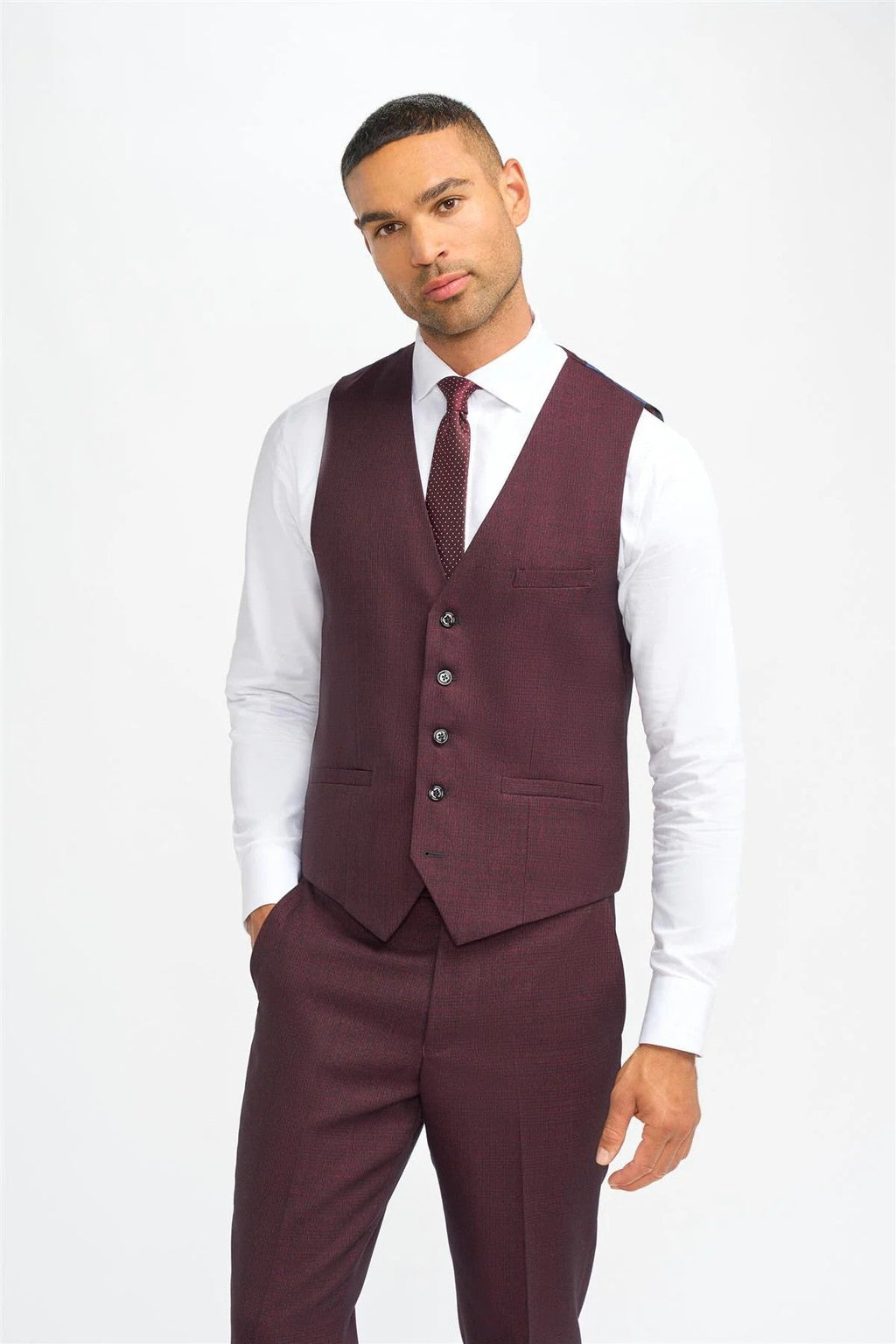 Mens wine tweed glen check slim fit formal waistcoat Caridi