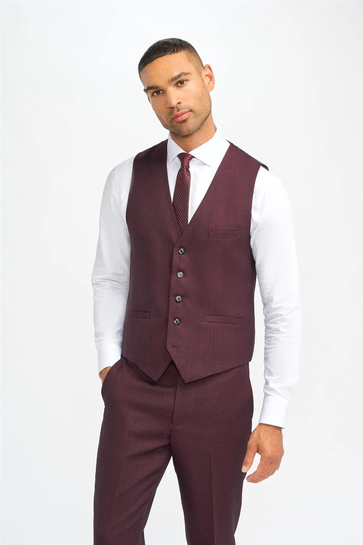 Mens wine tweed glen check slim fit formal waistcoat Caridi
