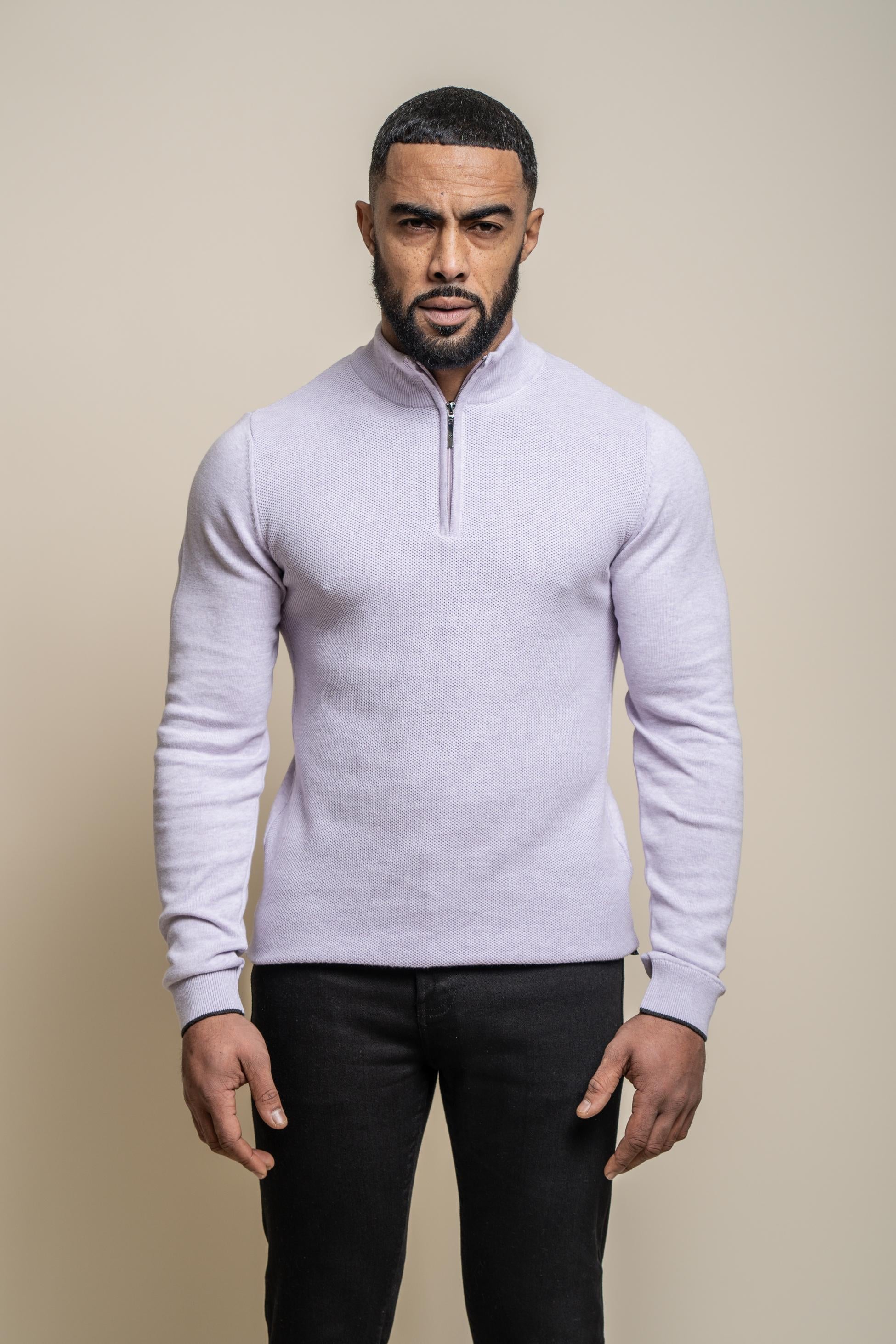 Mens Lavender Half Zip Knit Cotton Pullover KYLE