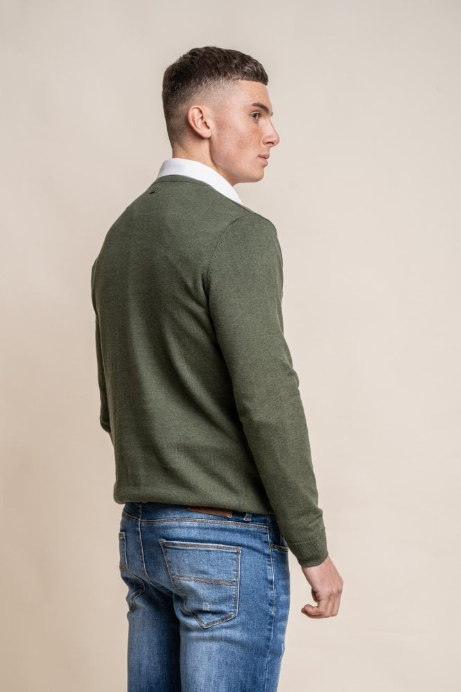 Mens Olive Green Cotton Slim Fit Crewneck Jumper