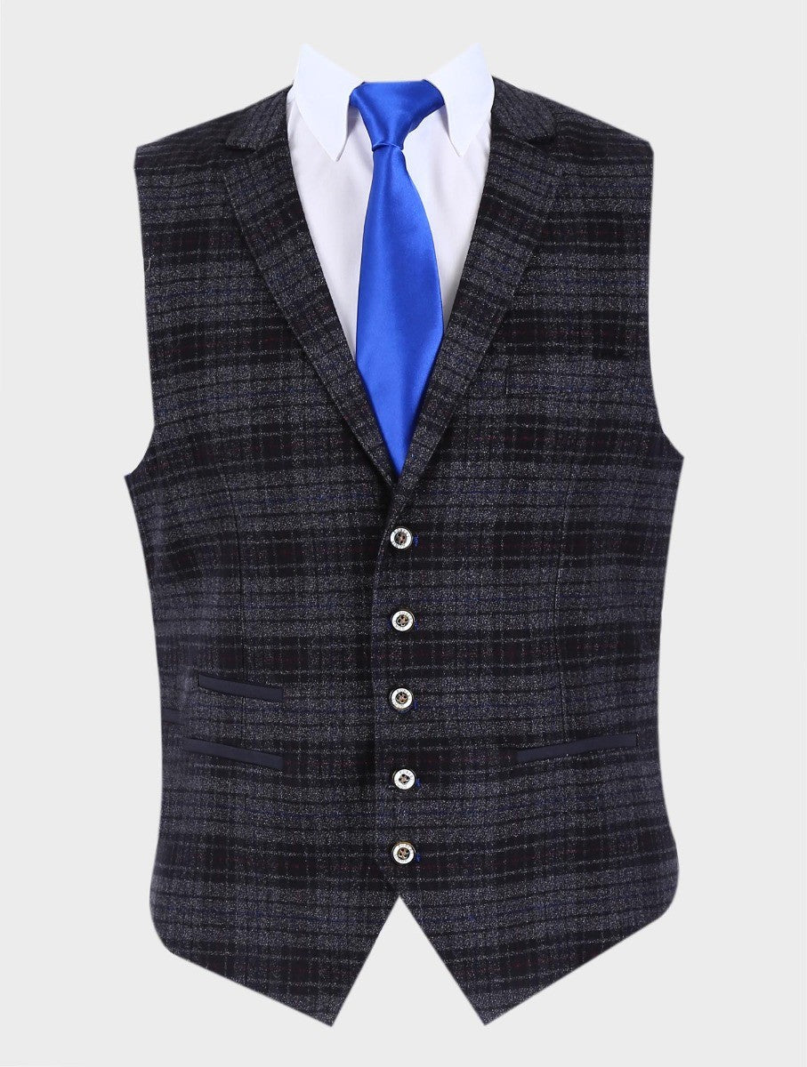 Mens black retro check slim fit waistcoat Gravano