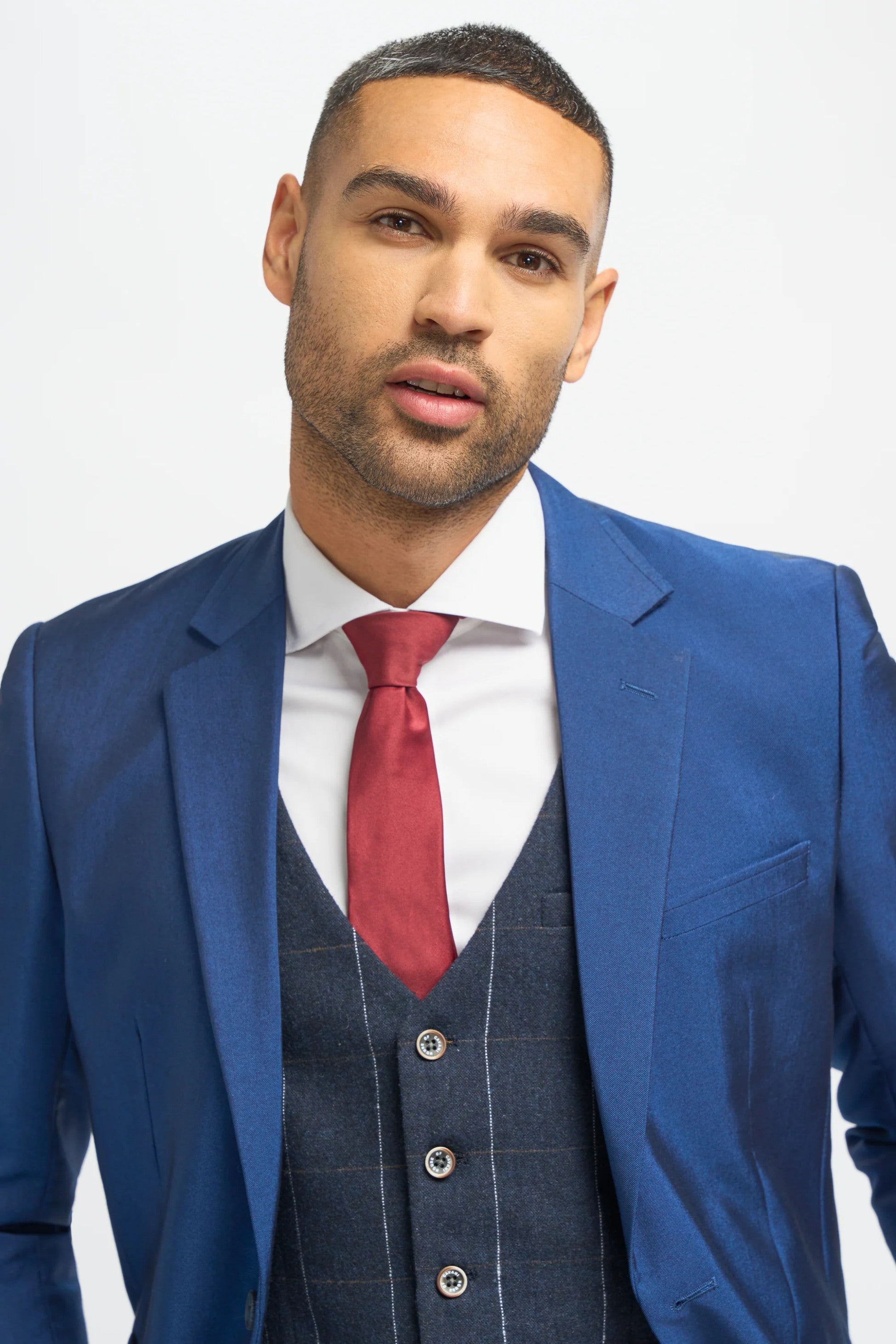 Royal Blue Men's 3-Piece Slim Fit Suit with Navy Blue Windowpane Check Tweed Waistcoat