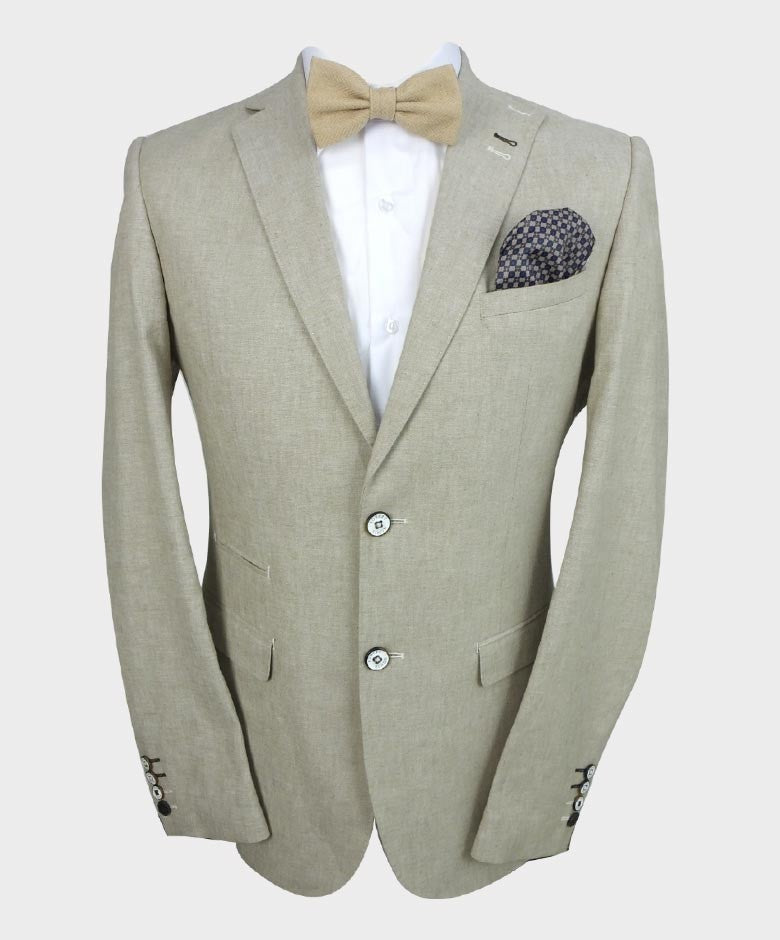 Image of men’s slim fit linen blazer in sage green, suit jacket and trousers
