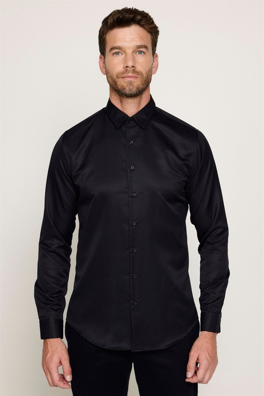 Mens Poly Black Slim Fit Long Sleeve Dress Shirt