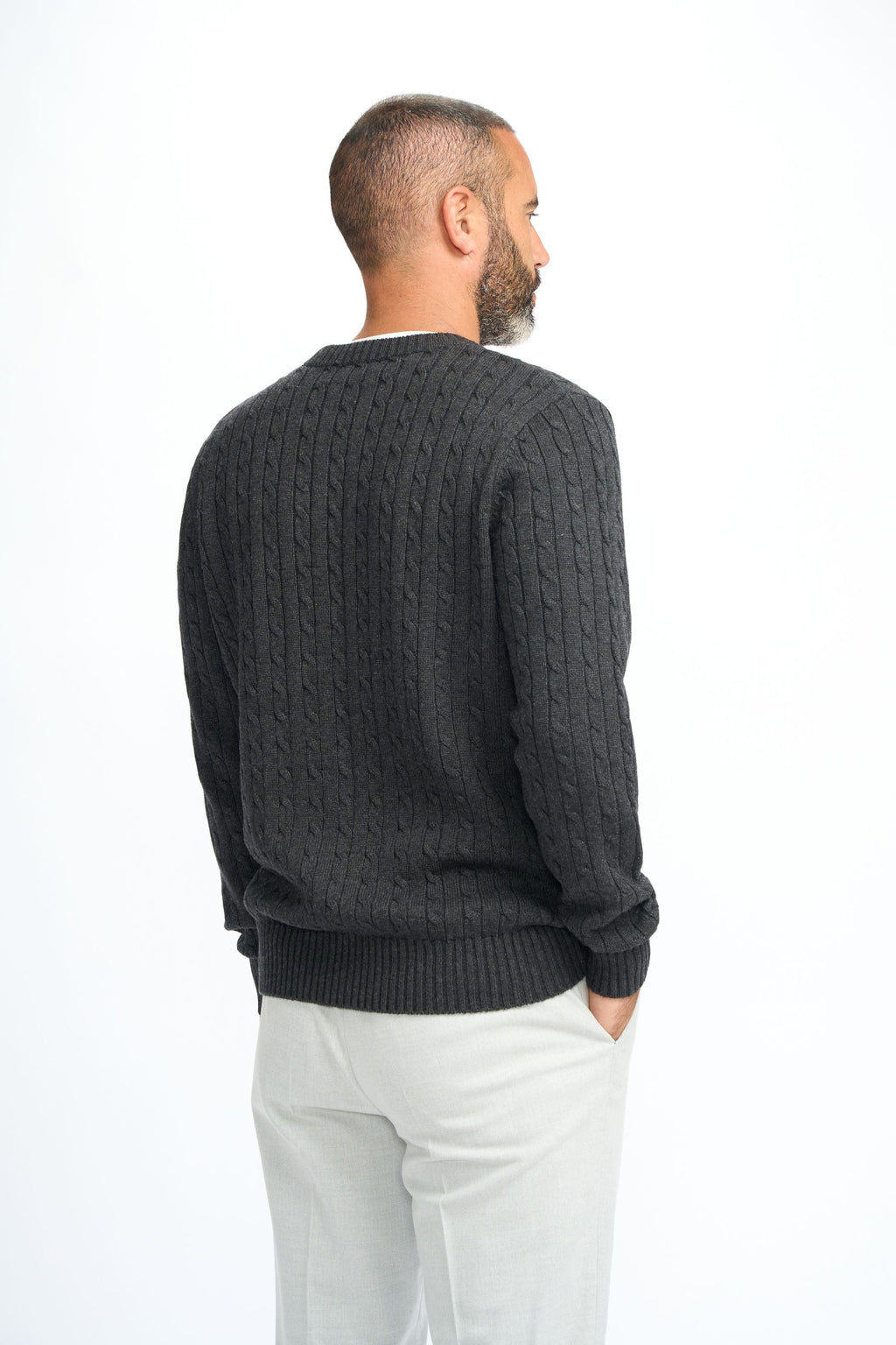 Mens Charcoal Grey Wool Cable Knit Pullover Jumper FOSTON