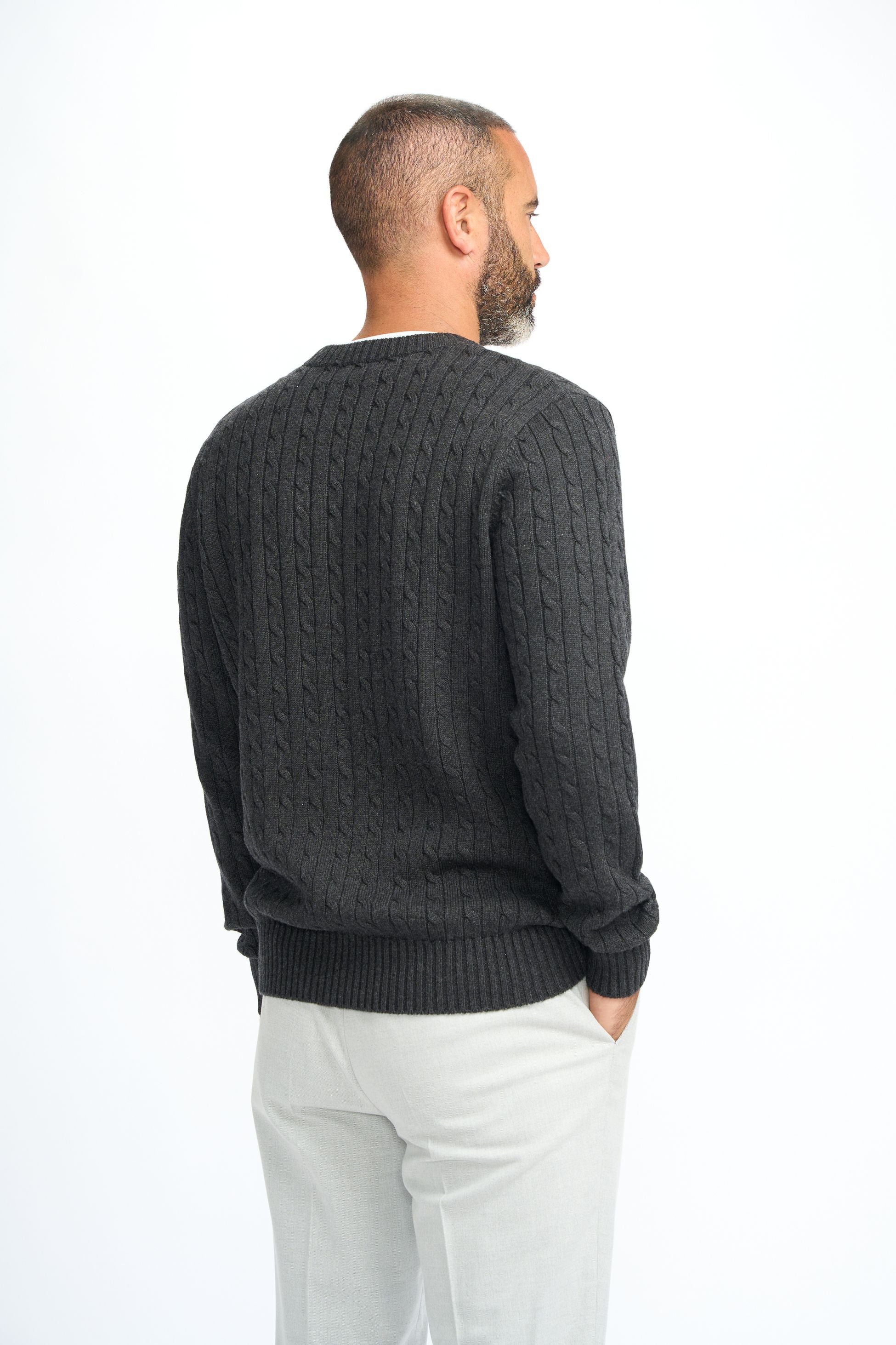 Mens Charcoal Grey Wool Cable Knit Pullover Jumper FOSTON