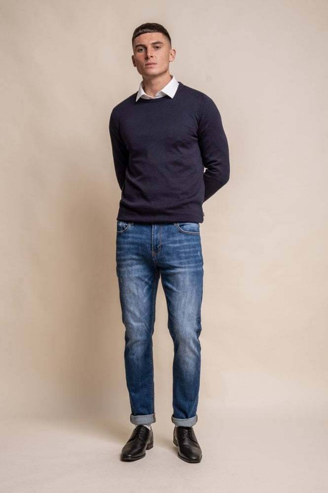 Mens Navy Blue Cotton Slim Fit Crewneck Jumper