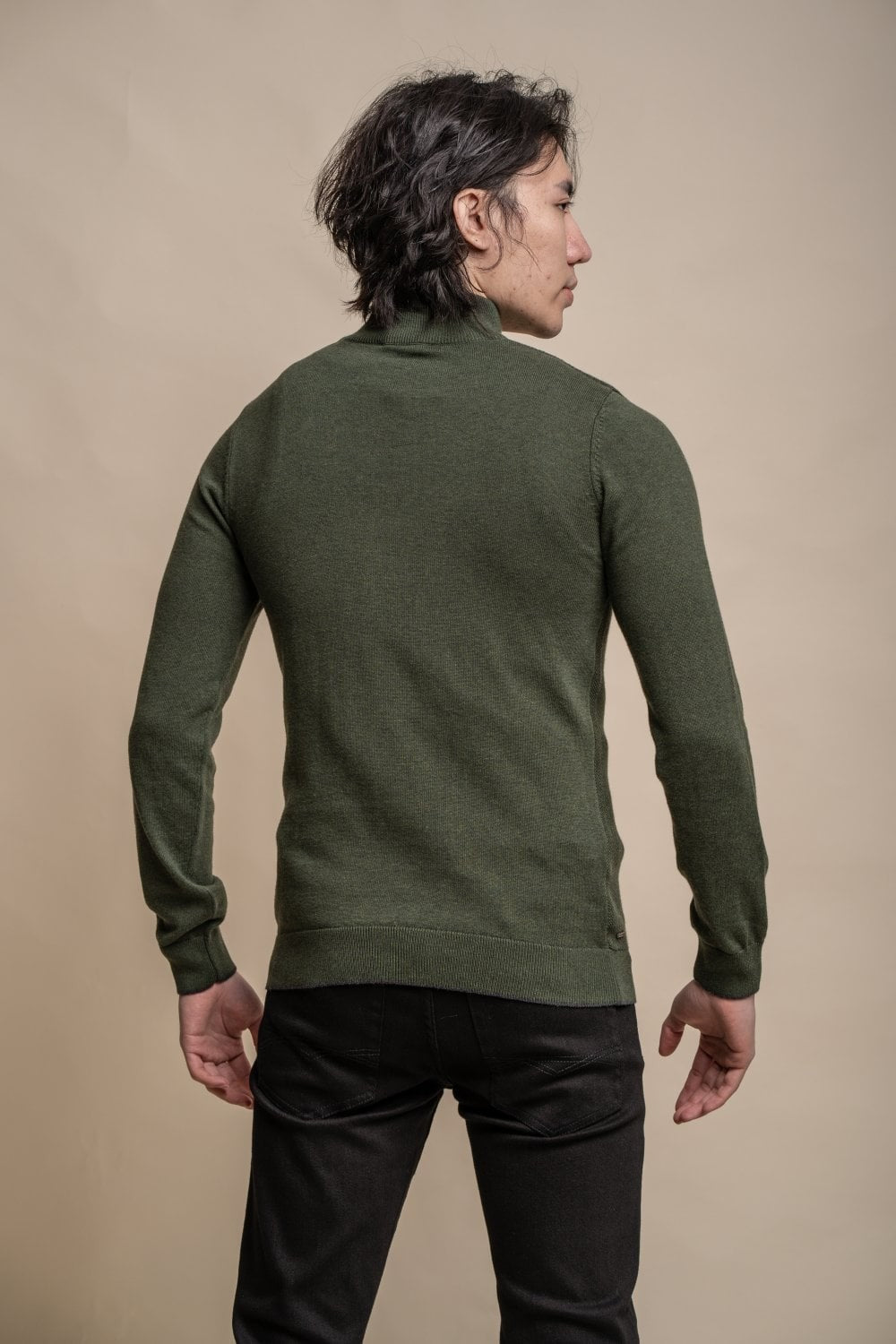 Mens Olive Green Half Zip Knit Cotton Pullover KYLE