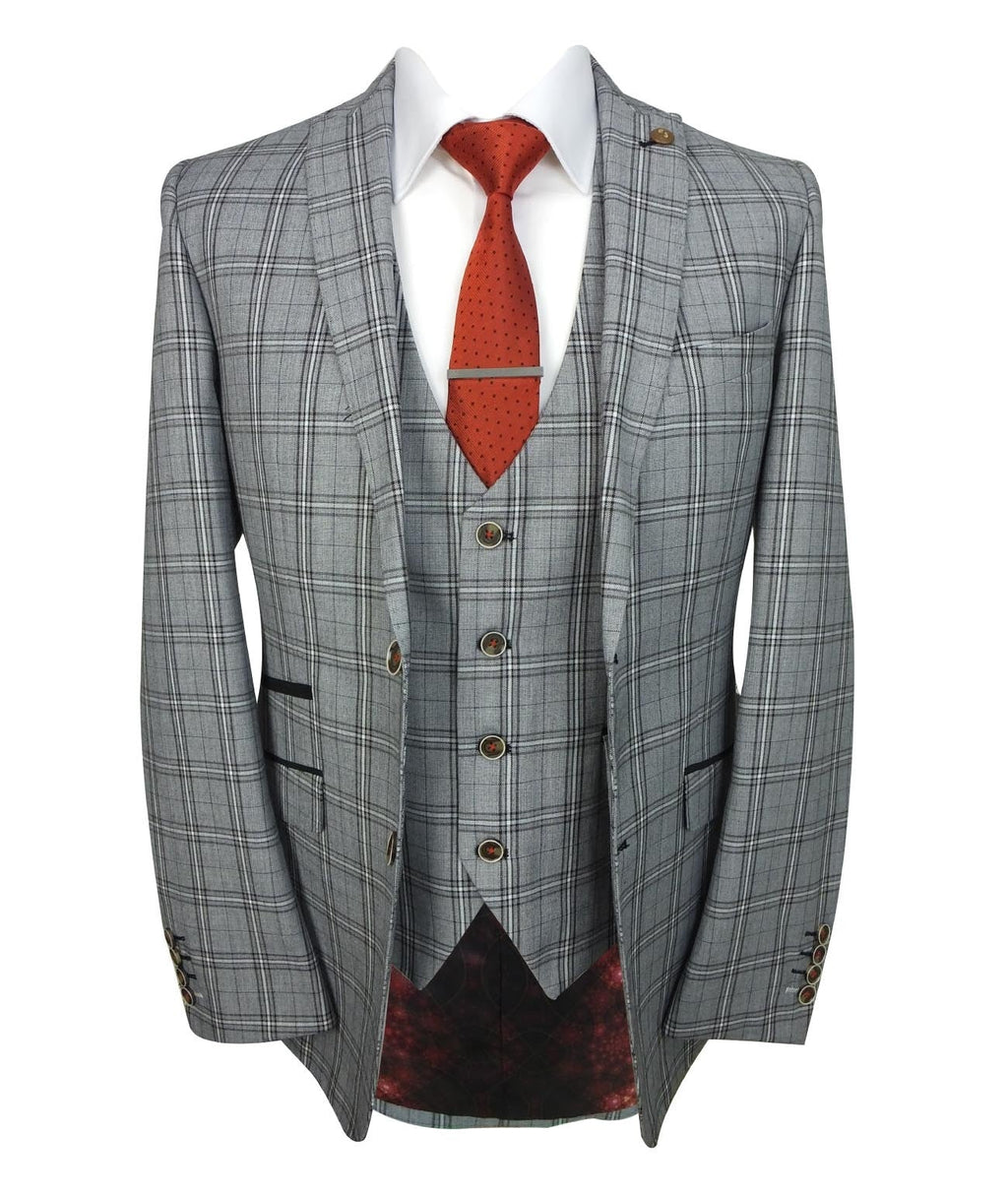 Men's Marcello Charcoal Grey Check 3-Piece Slim Fit Suit