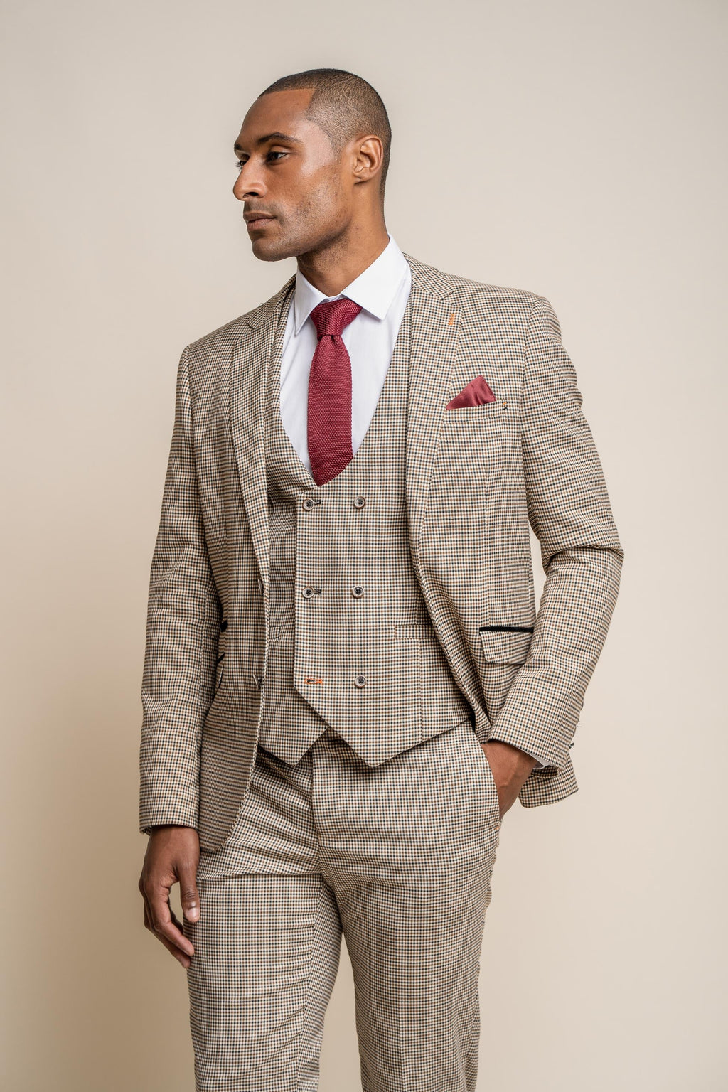 Slim fit tweed check blazer on male model, sold separately