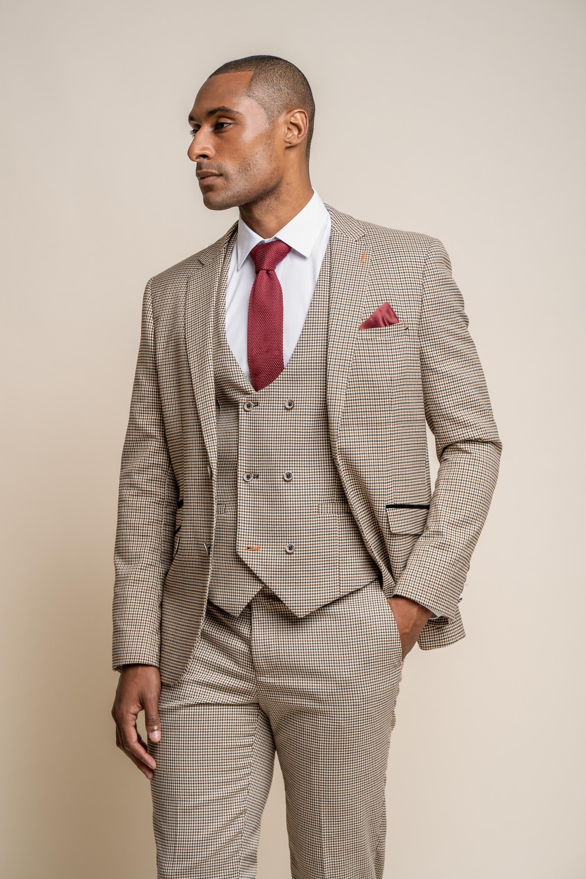 Slim fit tweed check blazer on male model, sold separately