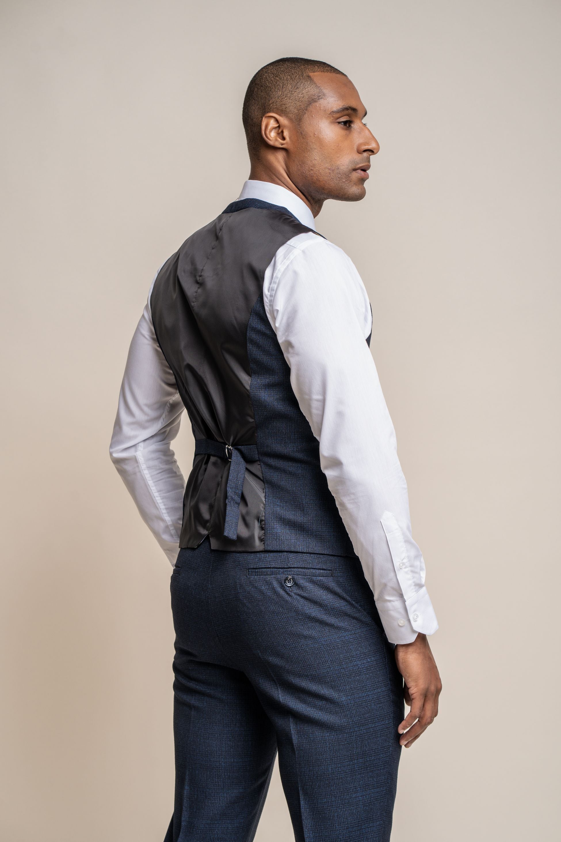 Mens Navy Tweed Glen Check Slim Fit Formal Waistcoat CARIDI