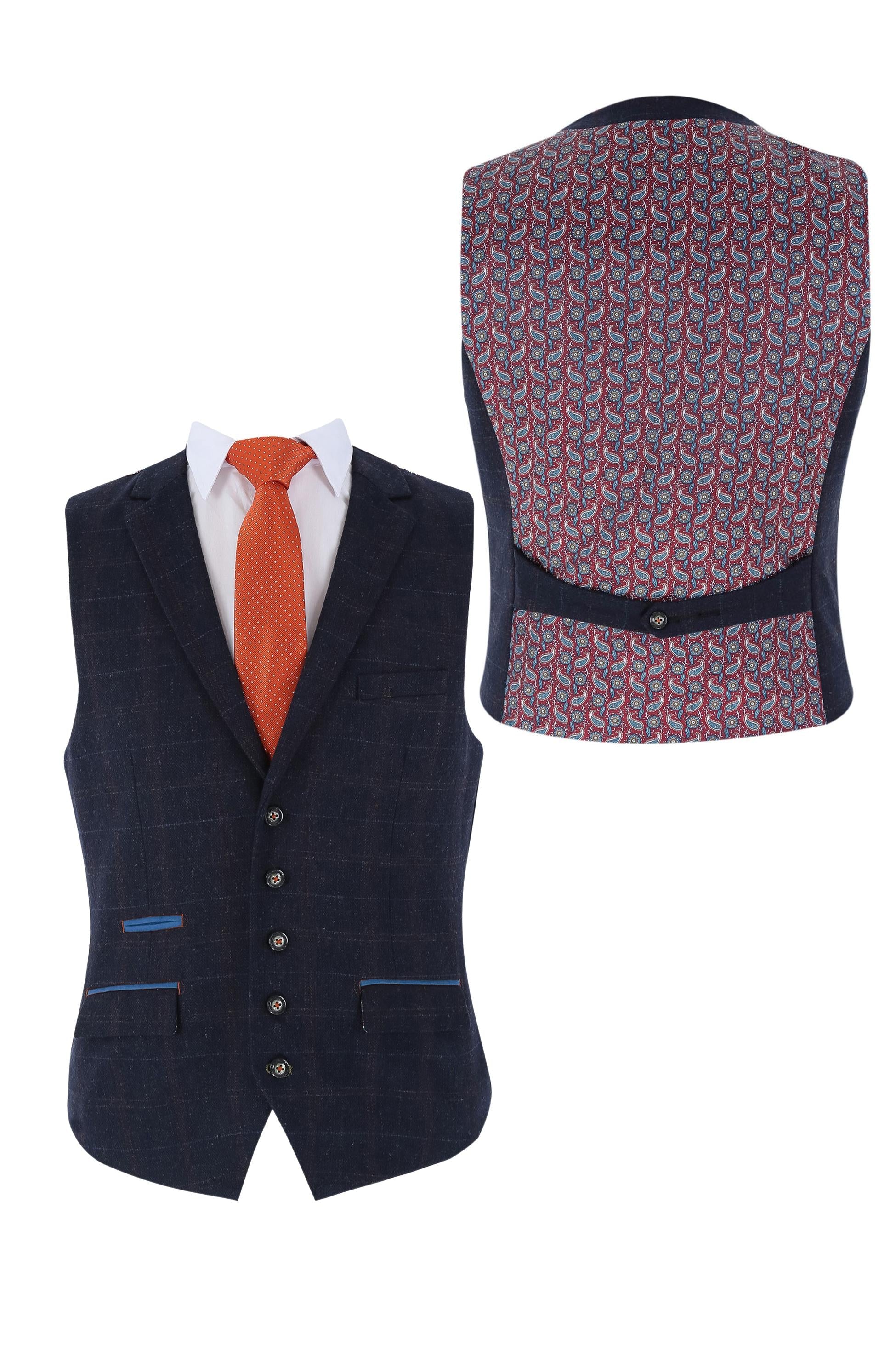 Mens Navy Tweed Windowpane Check Waistcoat RYAN