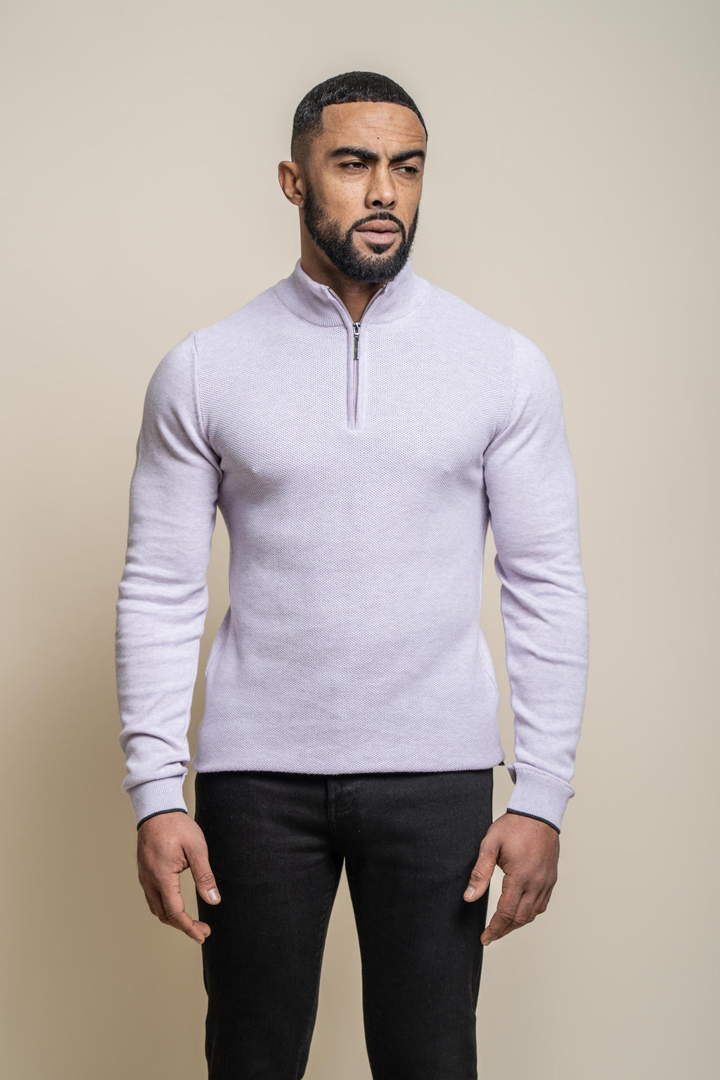 Men’s cotton quarter-zip jumper, rib trim, slim fit
