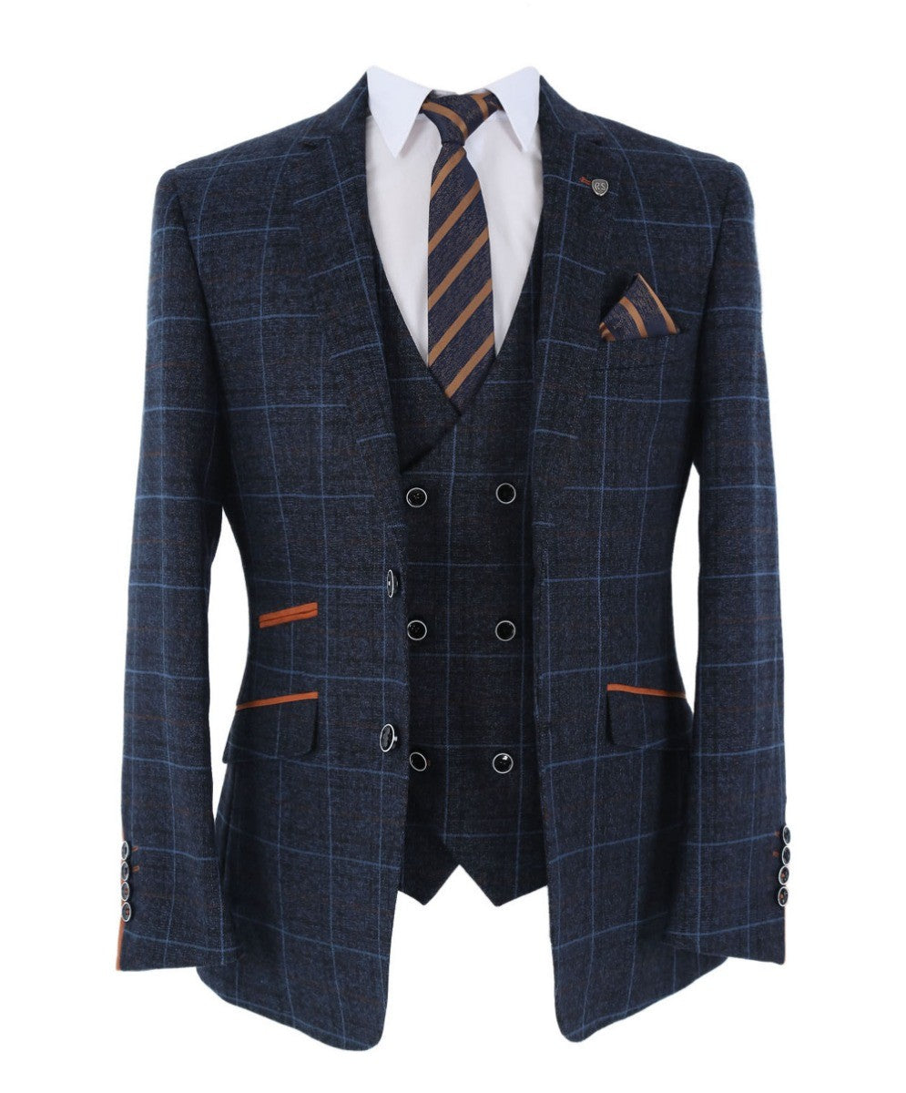 Men's Anthony Navy Blue Retro Check Tailored Heritage Suit