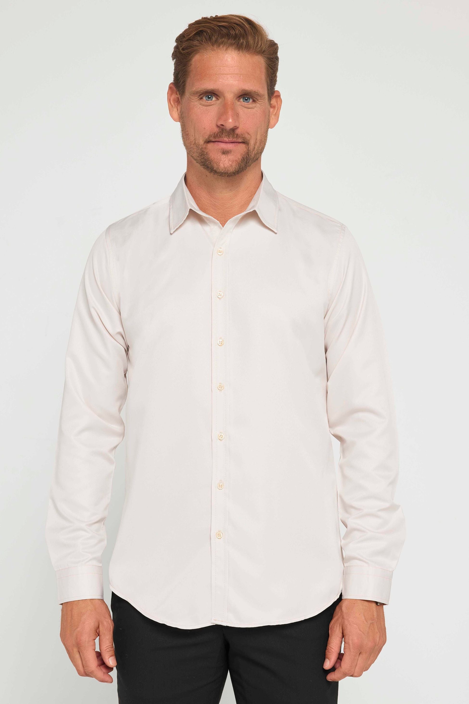 Mens Poly Stone Beige Slim Fit Long Sleeve Dress Shirt