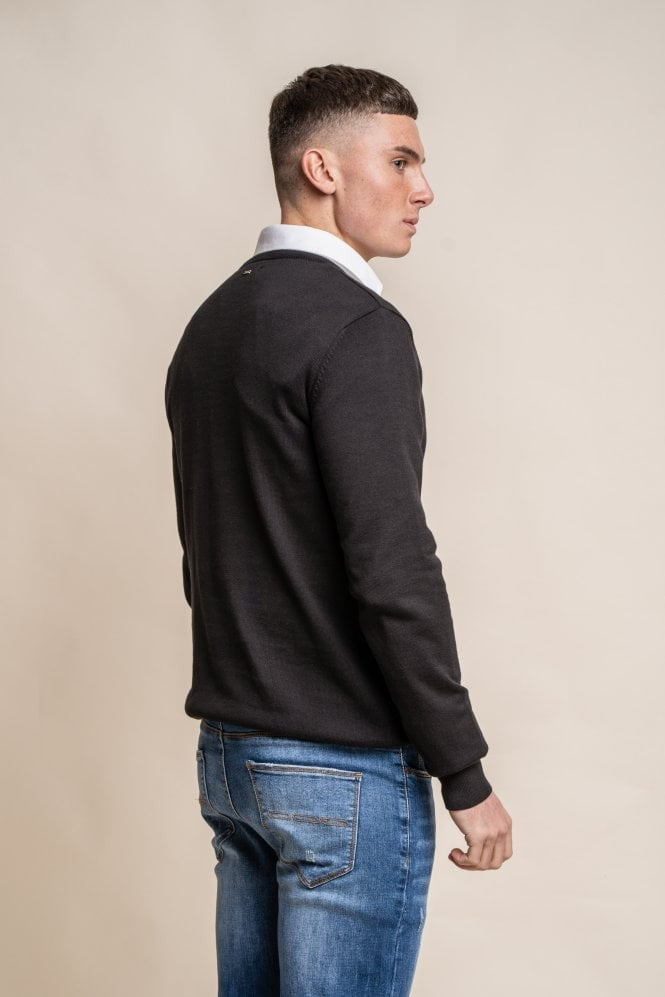 Mens Black Cotton Slim Fit Crewneck Jumper