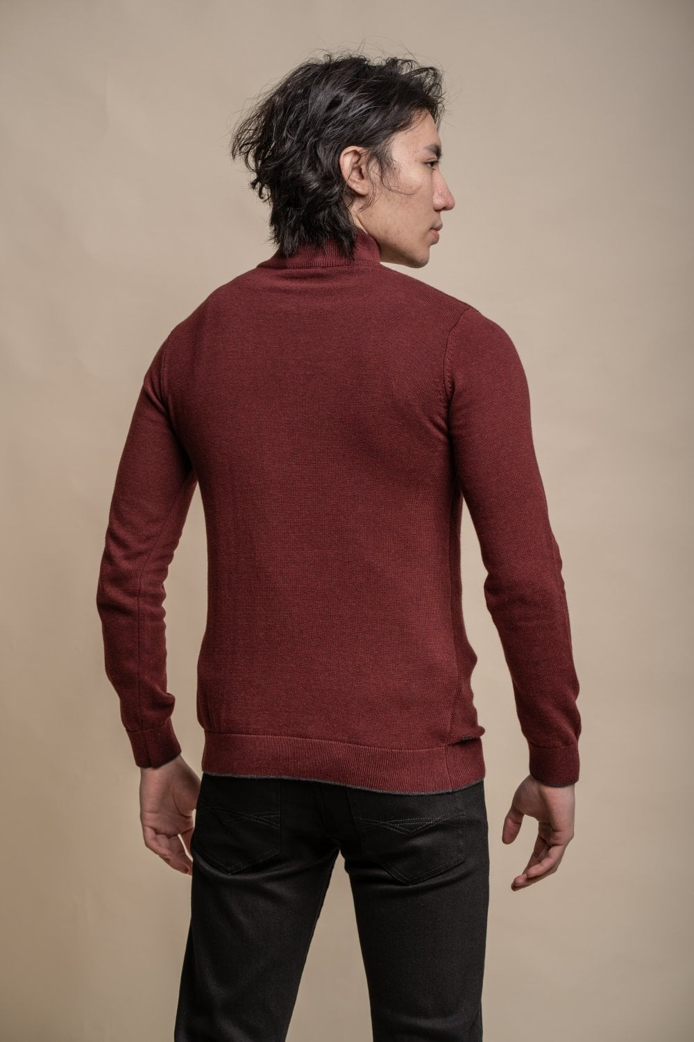 Mens Wine Half Zip Knit Cotton Pullover KYLE
