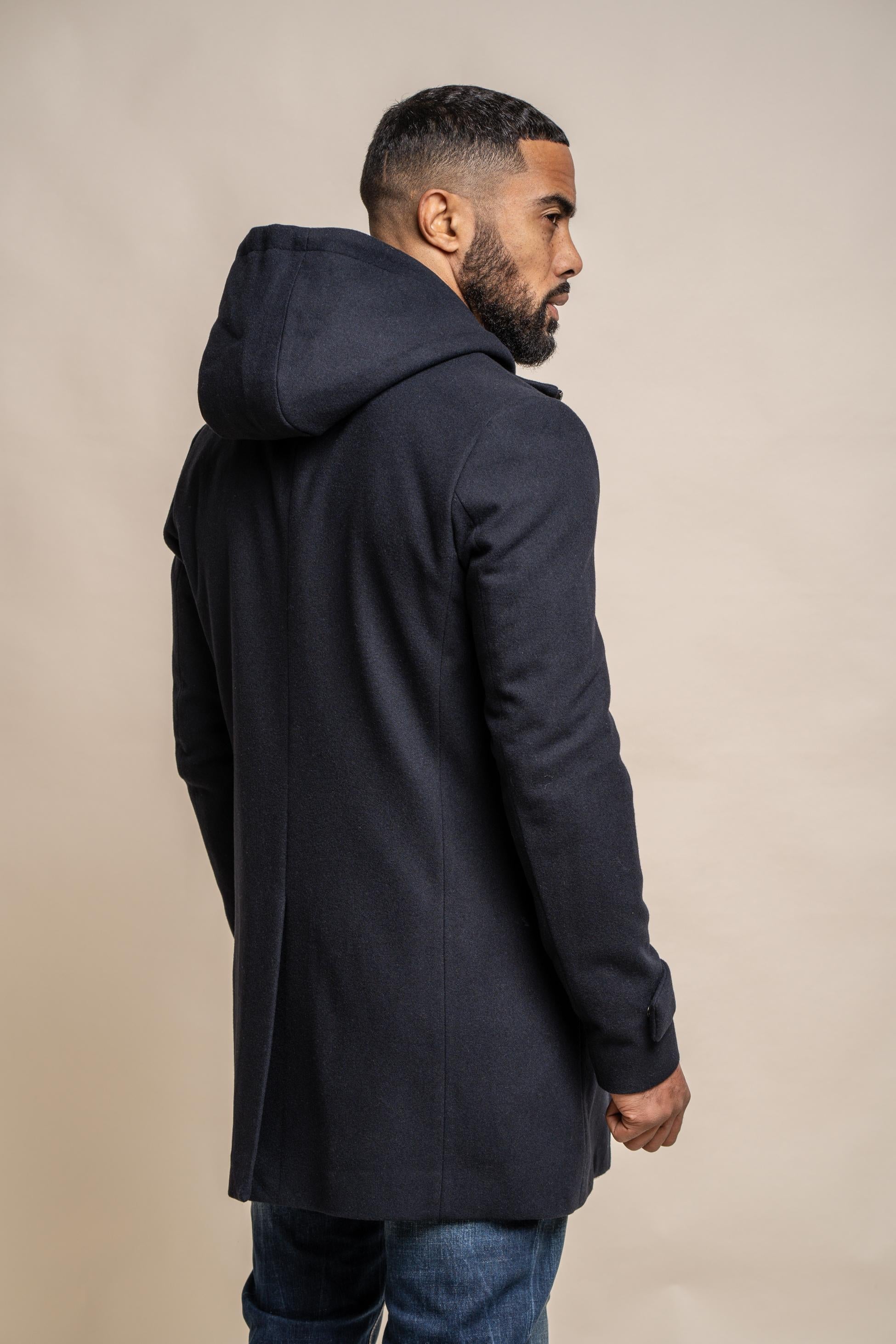 Men's navy blue wool-blend hooded coat, MICHIGAN.