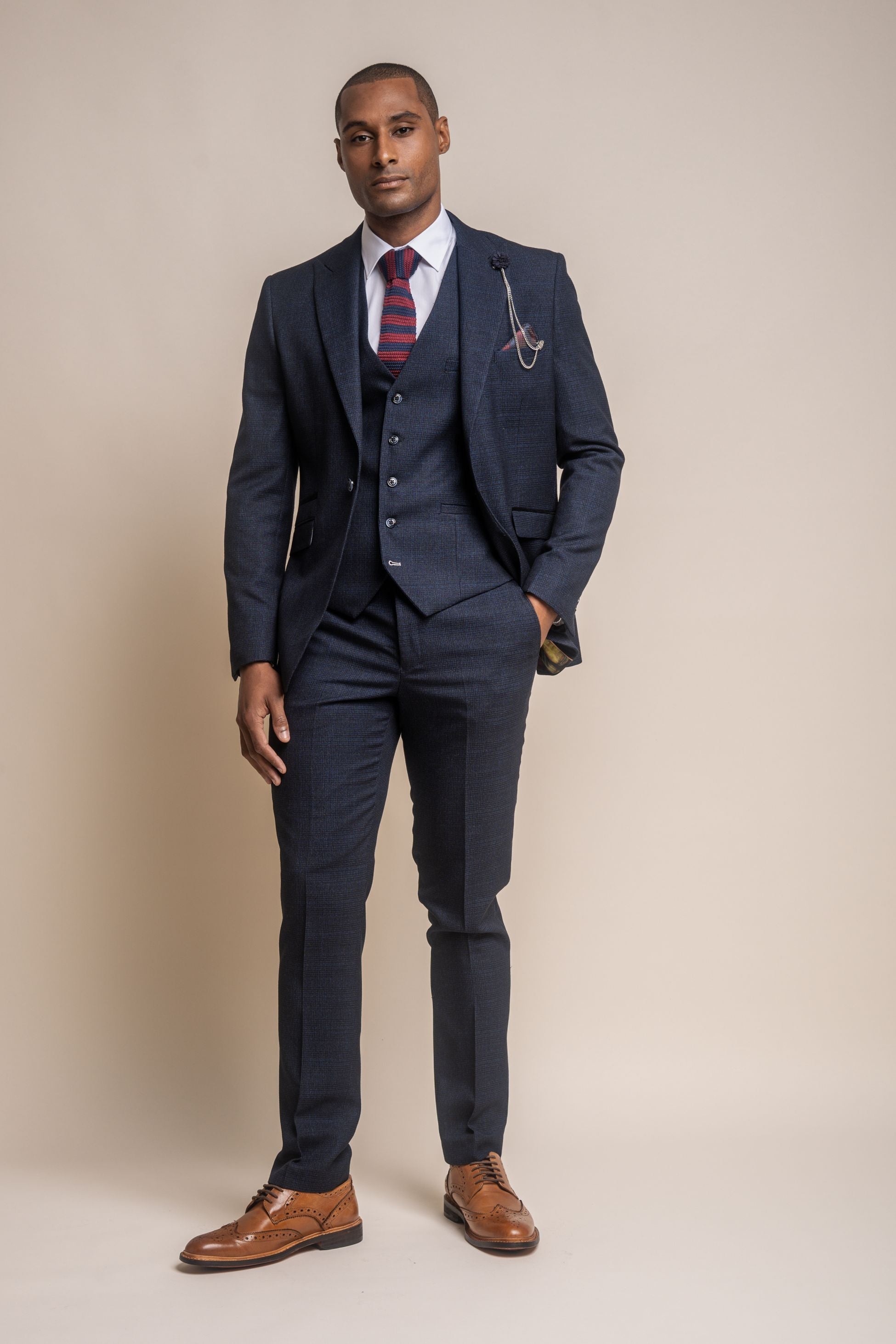 Men’s Navy Tweed Glen Check Slim Fit Suit Jacket CARIDI