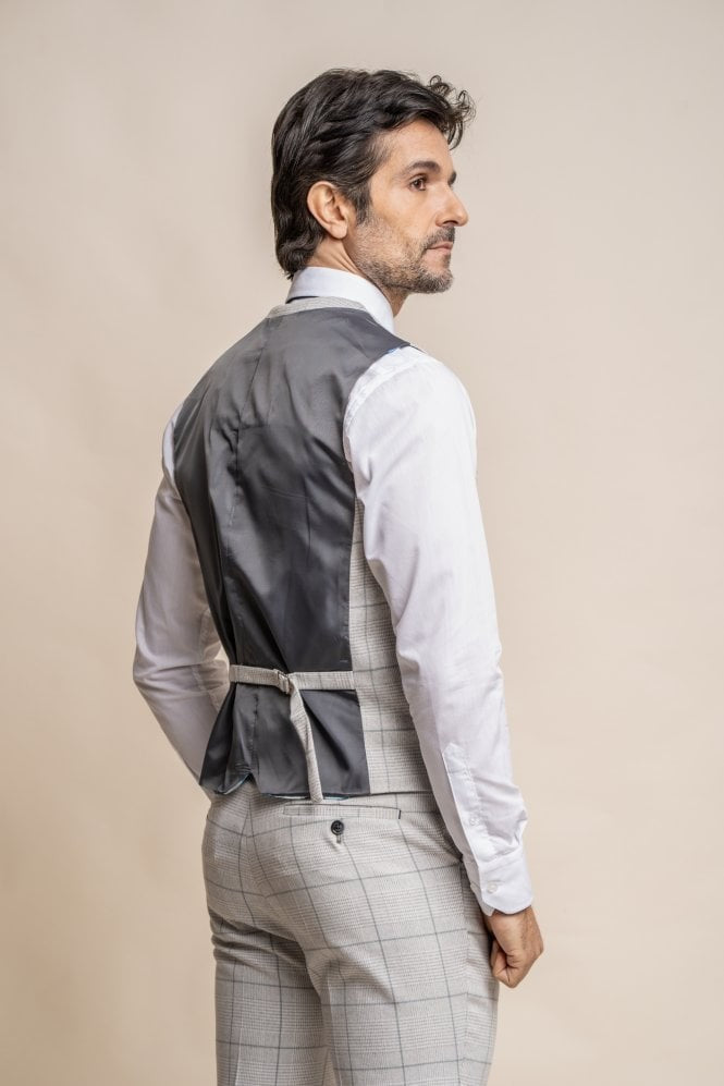 Mens Light Grey Double Breasted Retro Check Waistcoat RADIKA