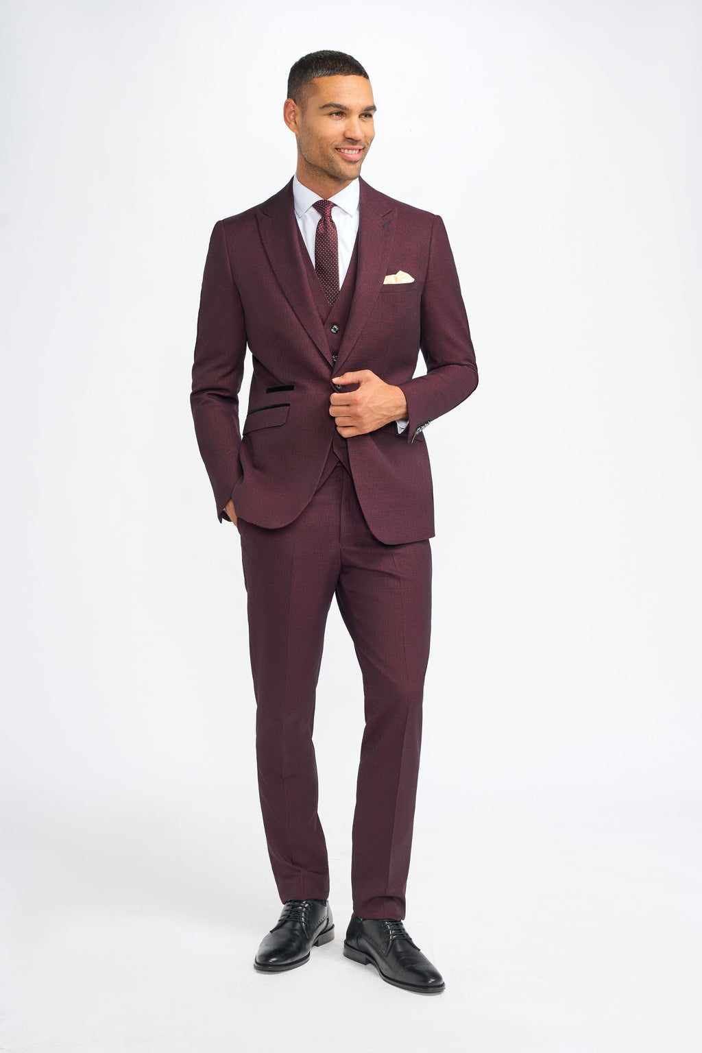 Mens Wine 3 Piece Tweed Glen Check Suit CARIDI