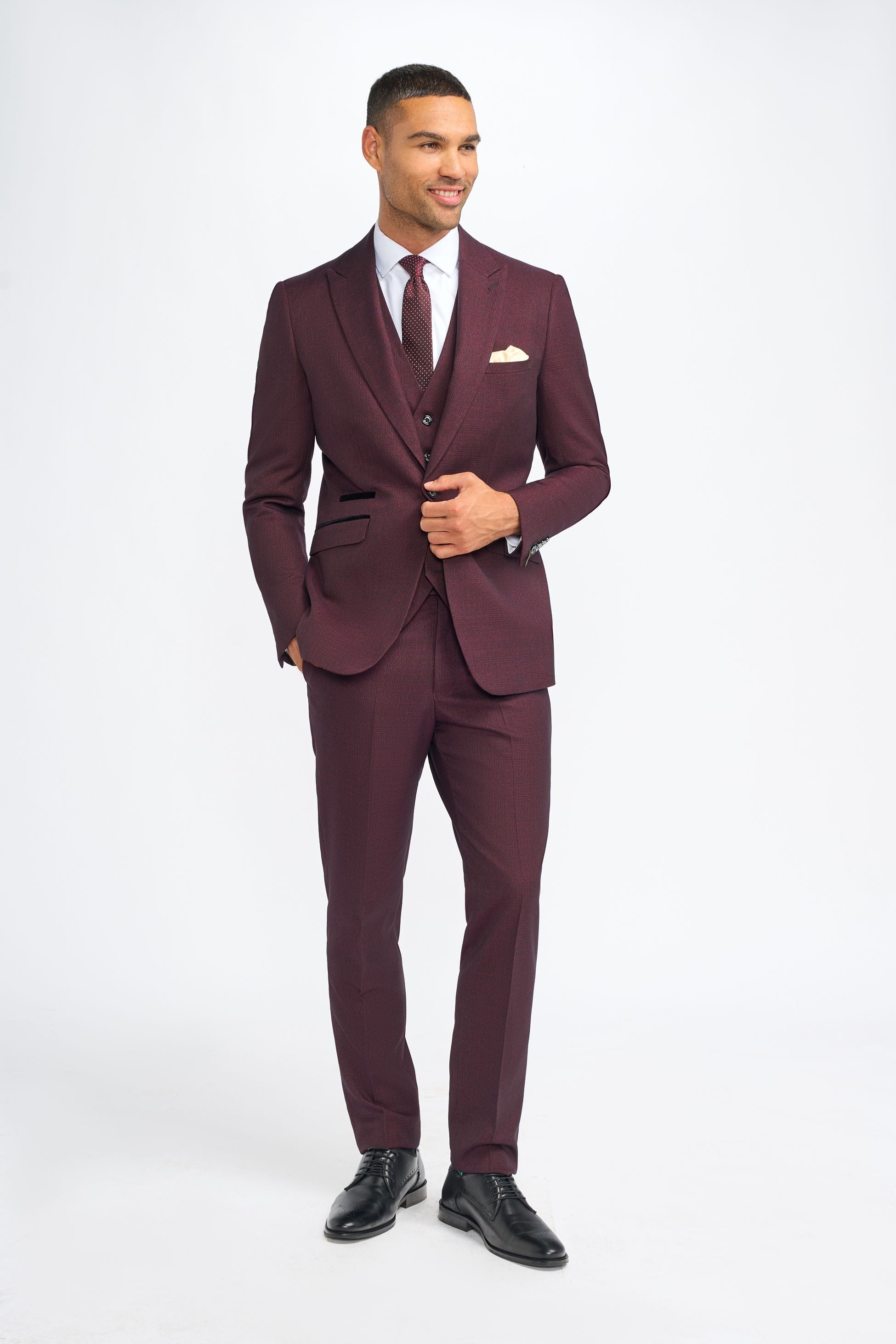 Mens Wine 3 Piece Tweed Glen Check Suit CARIDI
