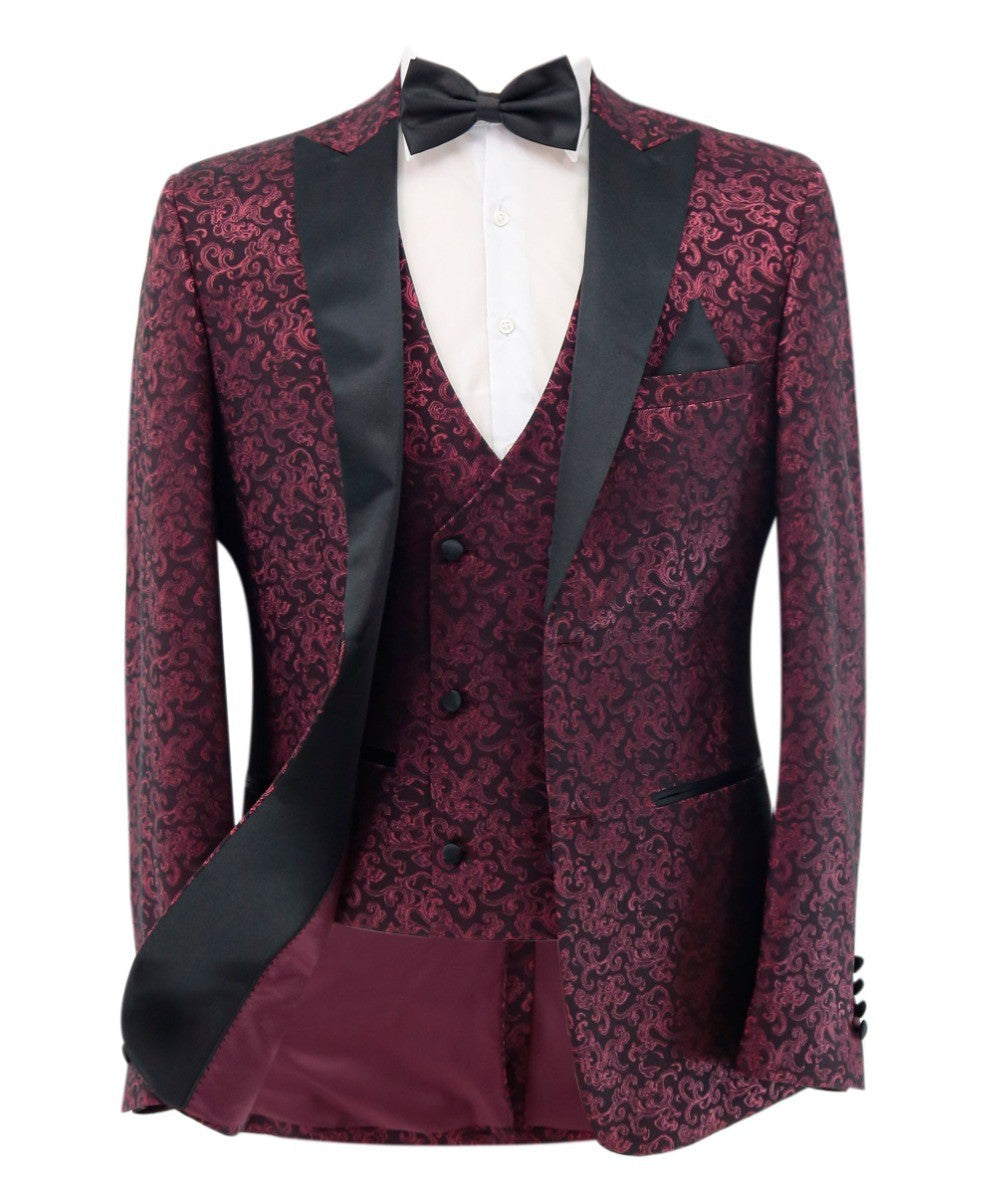Maroon floral patterned suit with black lapels on a white background