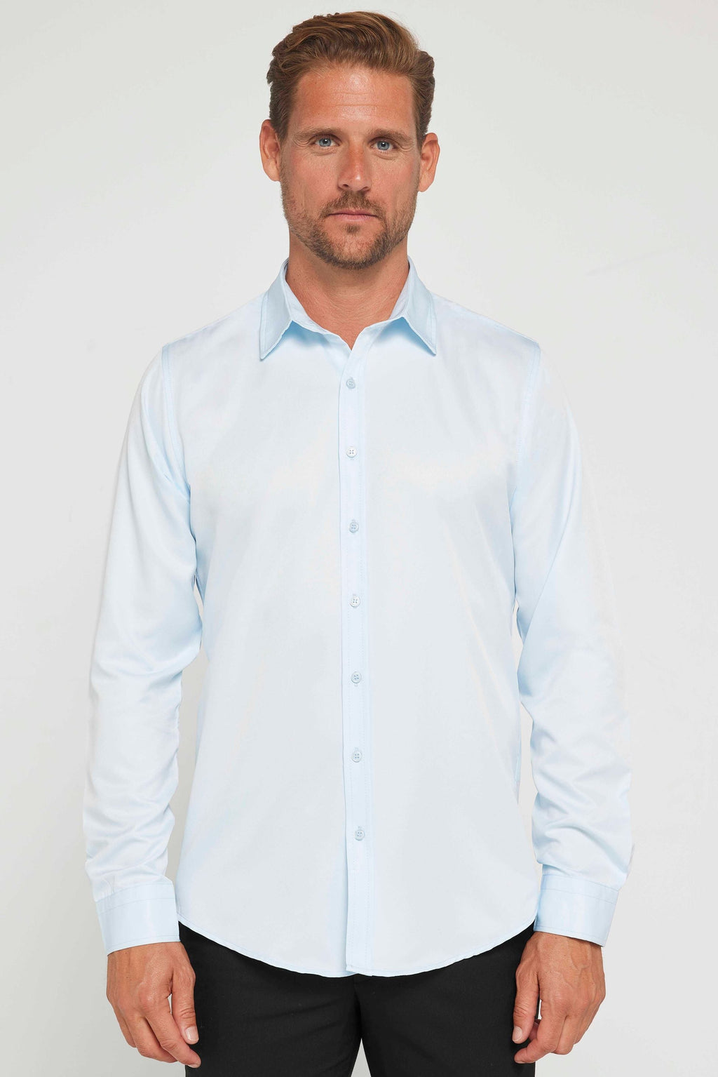 Mens Poly Light Blue Slim Fit Long Sleeve Dress Shirt