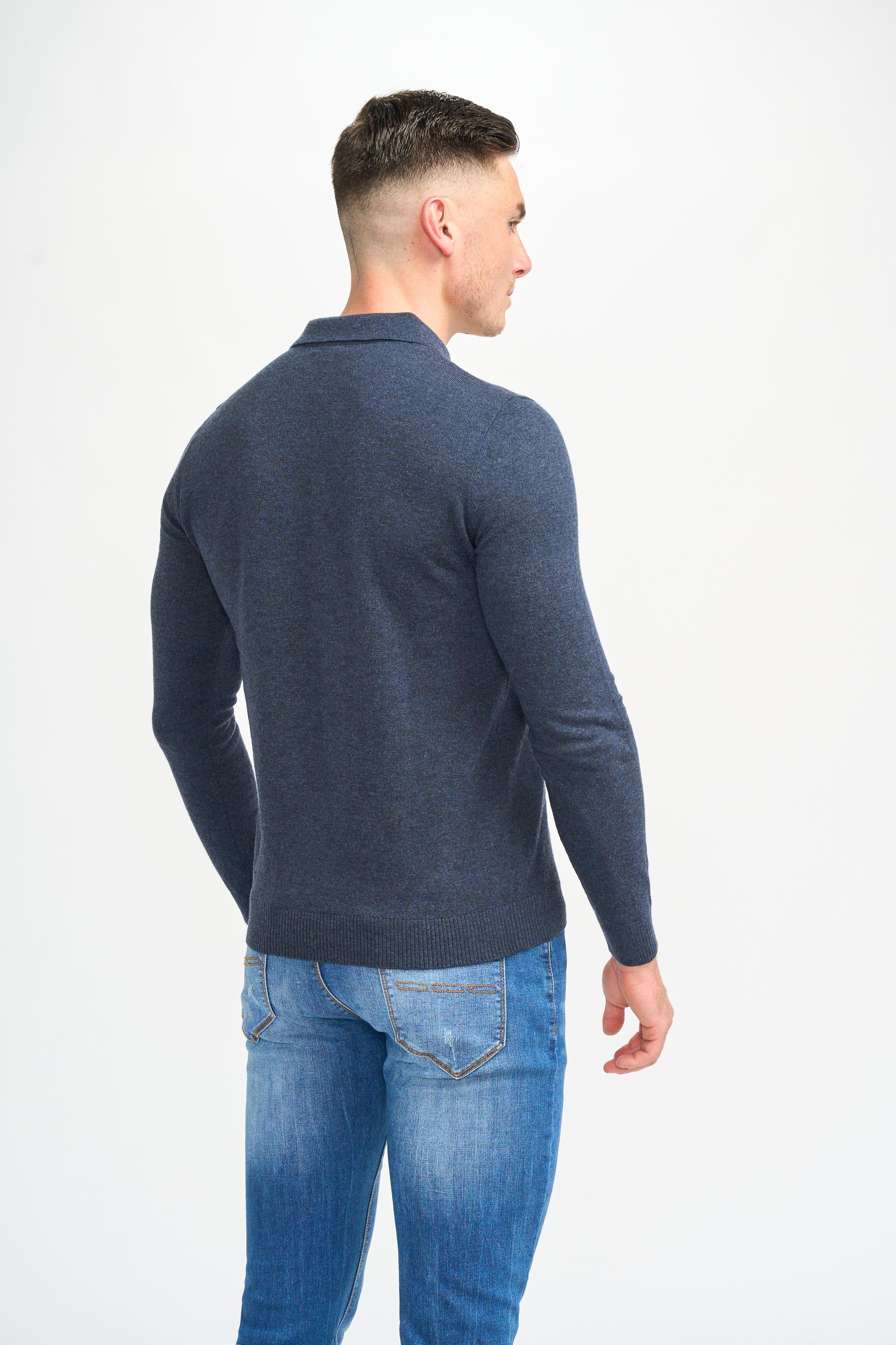 Mens Navy Blue Wool Knit Long Sleeve Polo Shirt BOOM