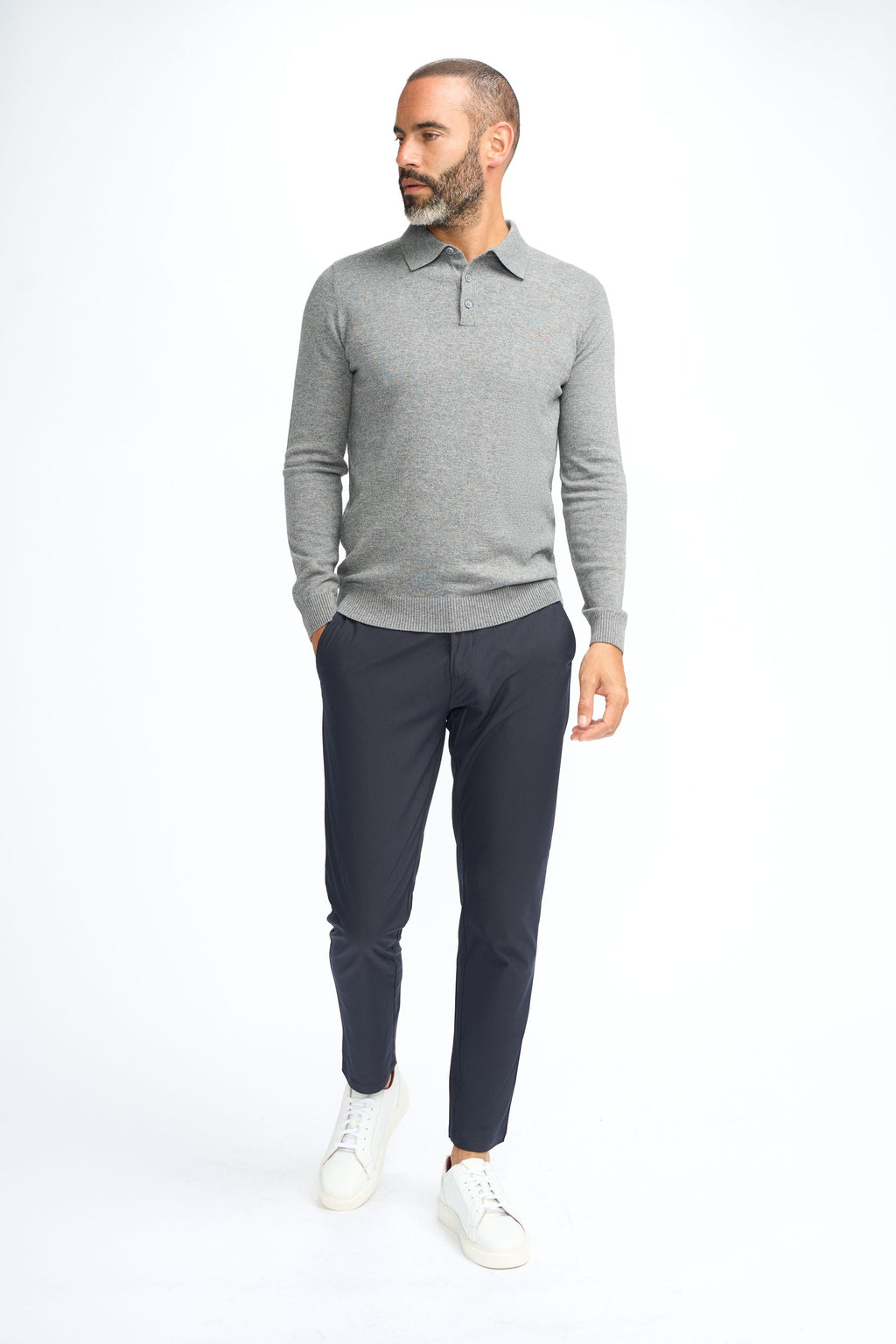 Mens Grey Wool Knit Long Sleeve Polo Shirt BOOM