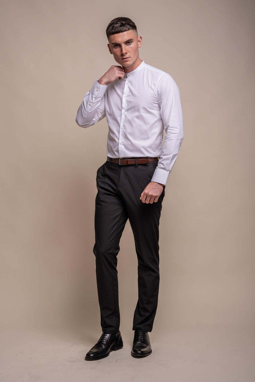 Mens Nicalo White Cotton Mandarin Collar Shirt