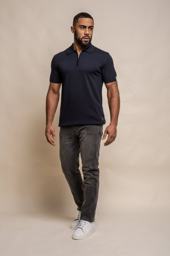 Mens Navy Blue Short Sleeve Cotton Polo Shirt DINO