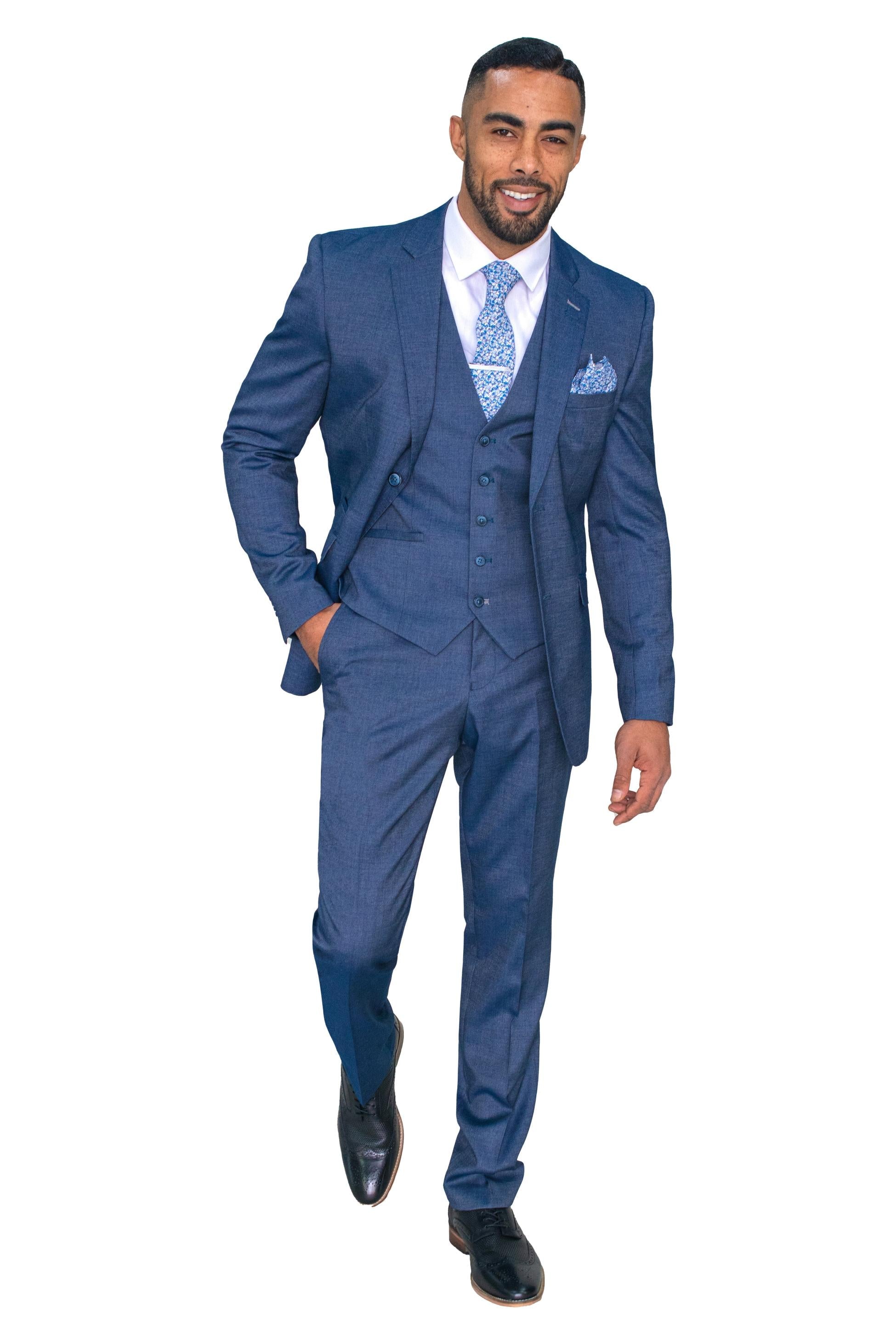 Mens Steel Blue Denim Look Slim Fit Formal Suit STEELE