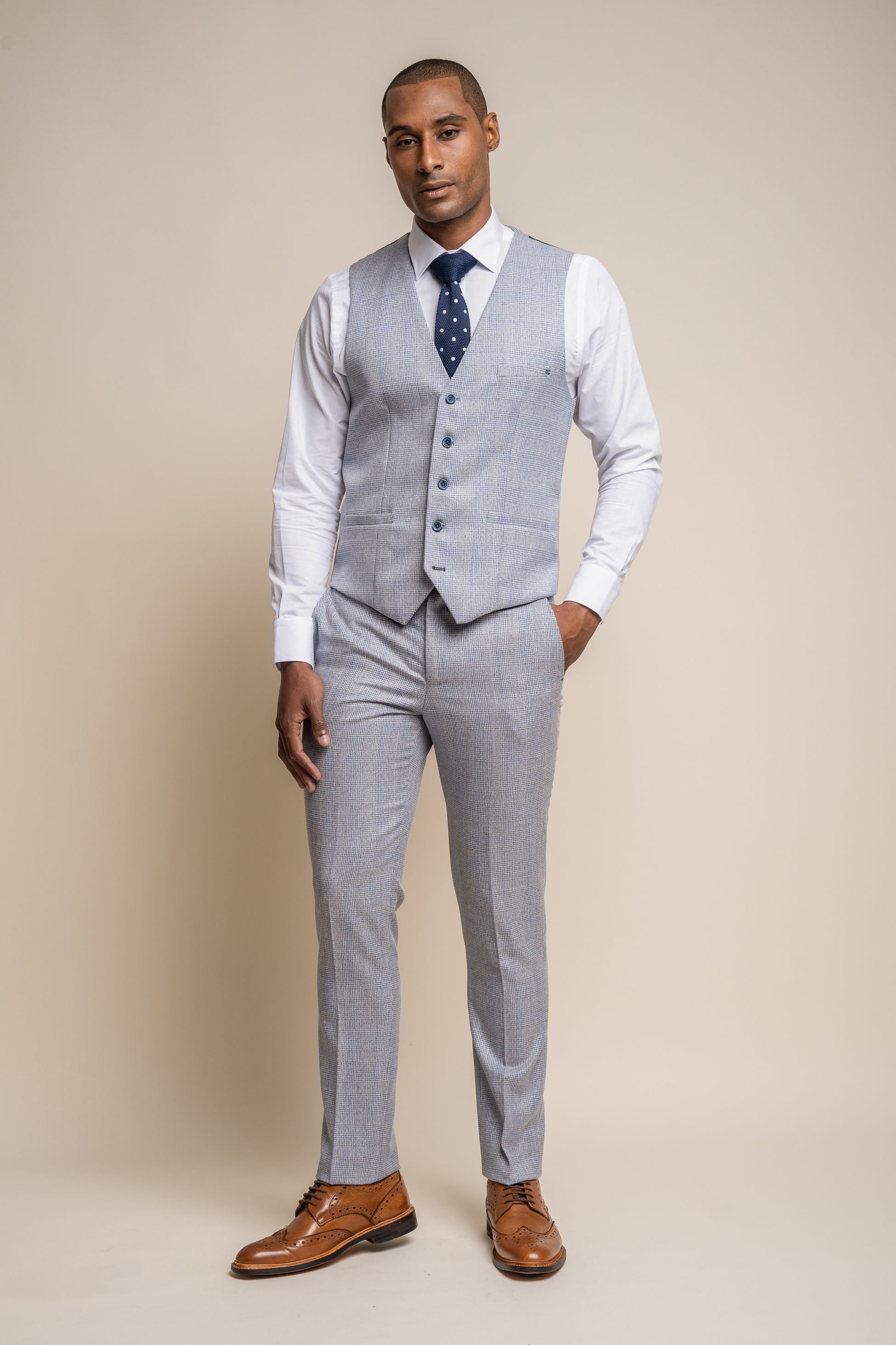 Mens Blue Tweed Glen Check Slim Fit Formal Waistcoat CARIDI