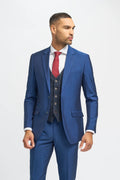 Royal Blue Men's 3-Piece Slim Fit Suit with Navy Blue Windowpane Check Tweed Waistcoat