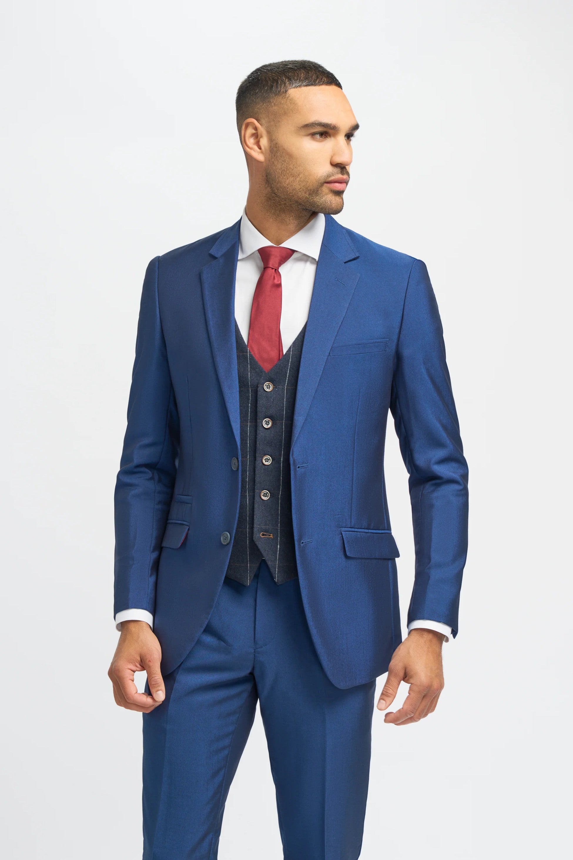 Royal Blue Men's 3-Piece Slim Fit Suit with Navy Blue Windowpane Check Tweed Waistcoat