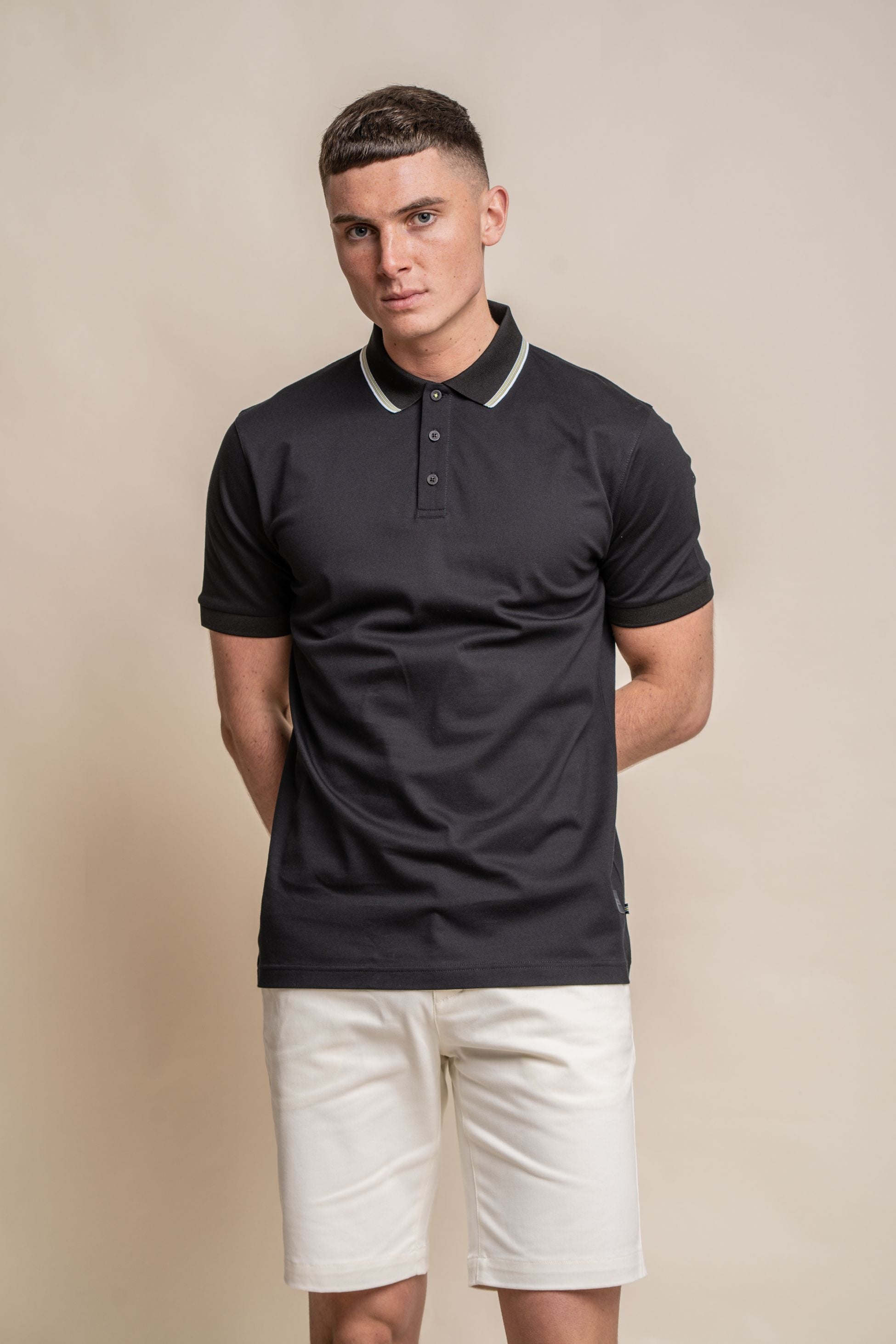 Men’s cotton polo T-shirt, slim fit, navy/white/black