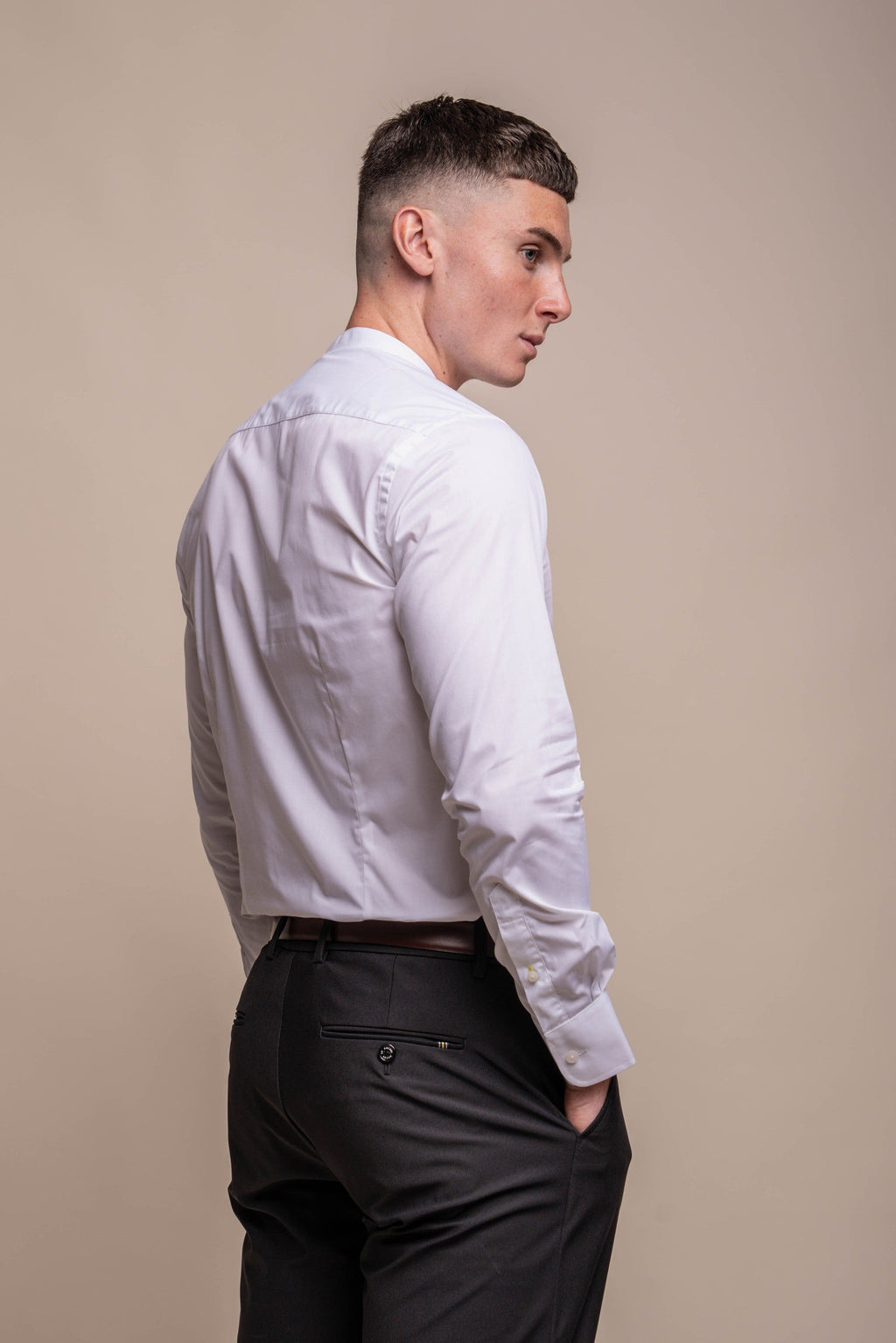 Mens Nicalo White Cotton Mandarin Collar Shirt