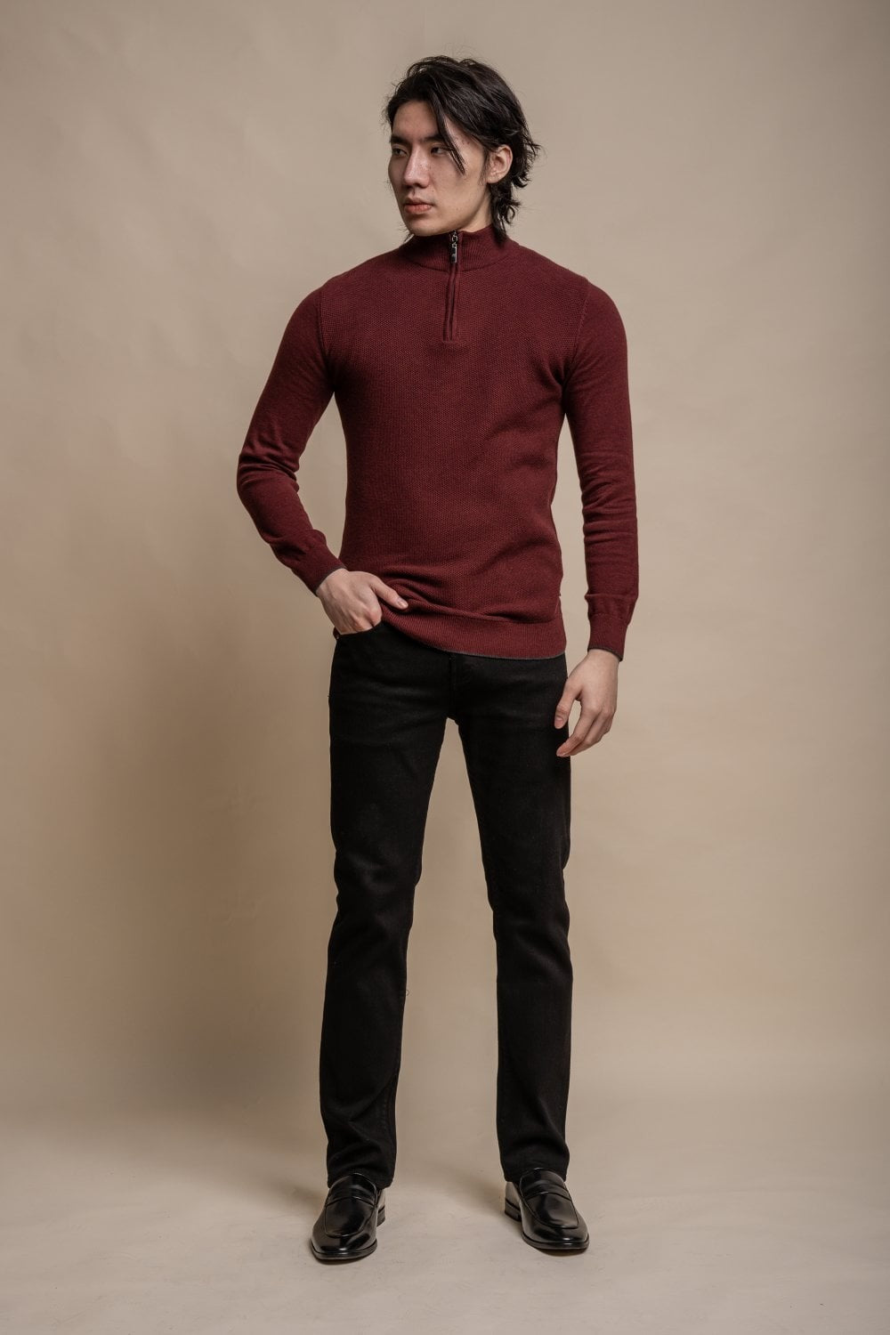 Mens Wine Half Zip Knit Cotton Pullover KYLE