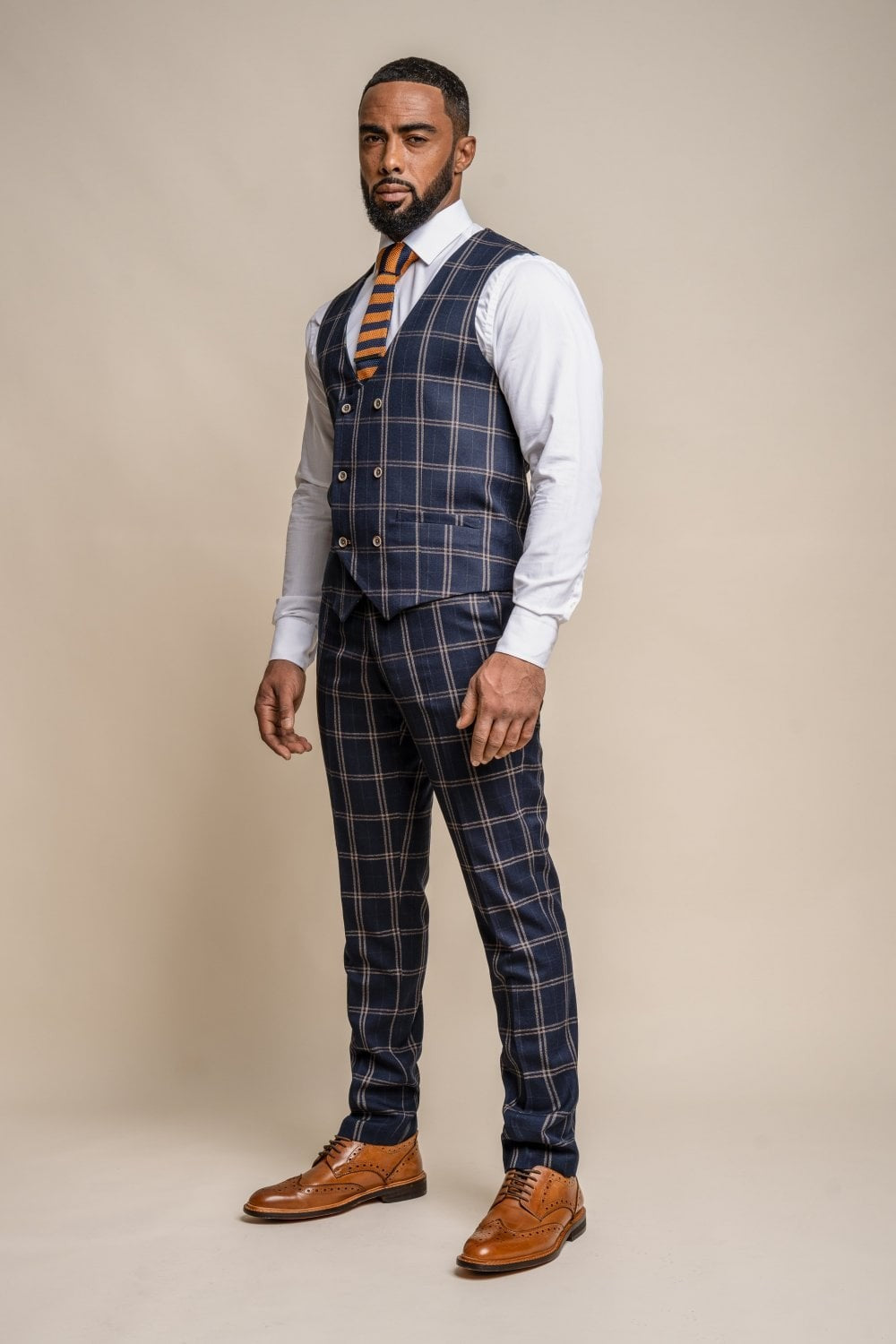 Mens Navy Retro Check Double Breasted Waistcoat HARDY