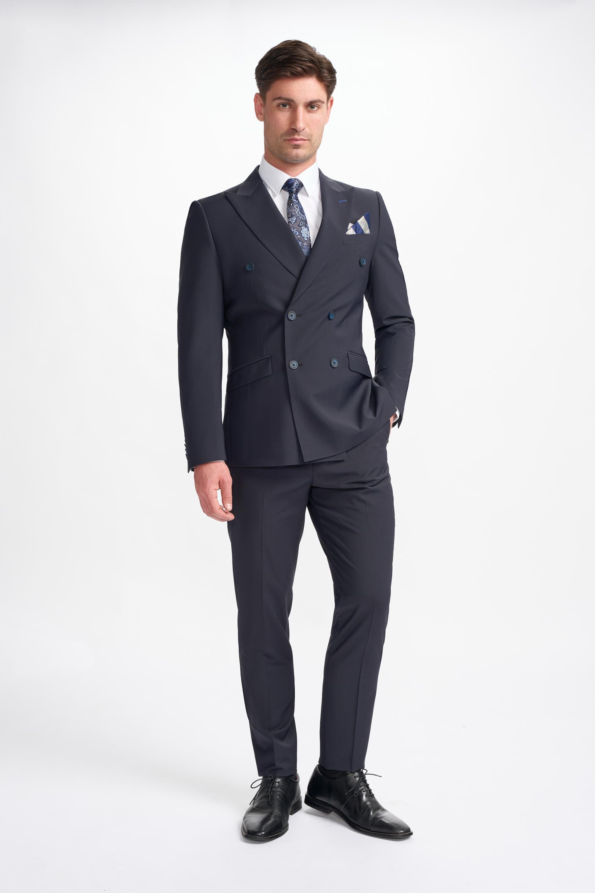 Mens Midnight Blue Wool Blend Double Breasted Suit Jacket BOND