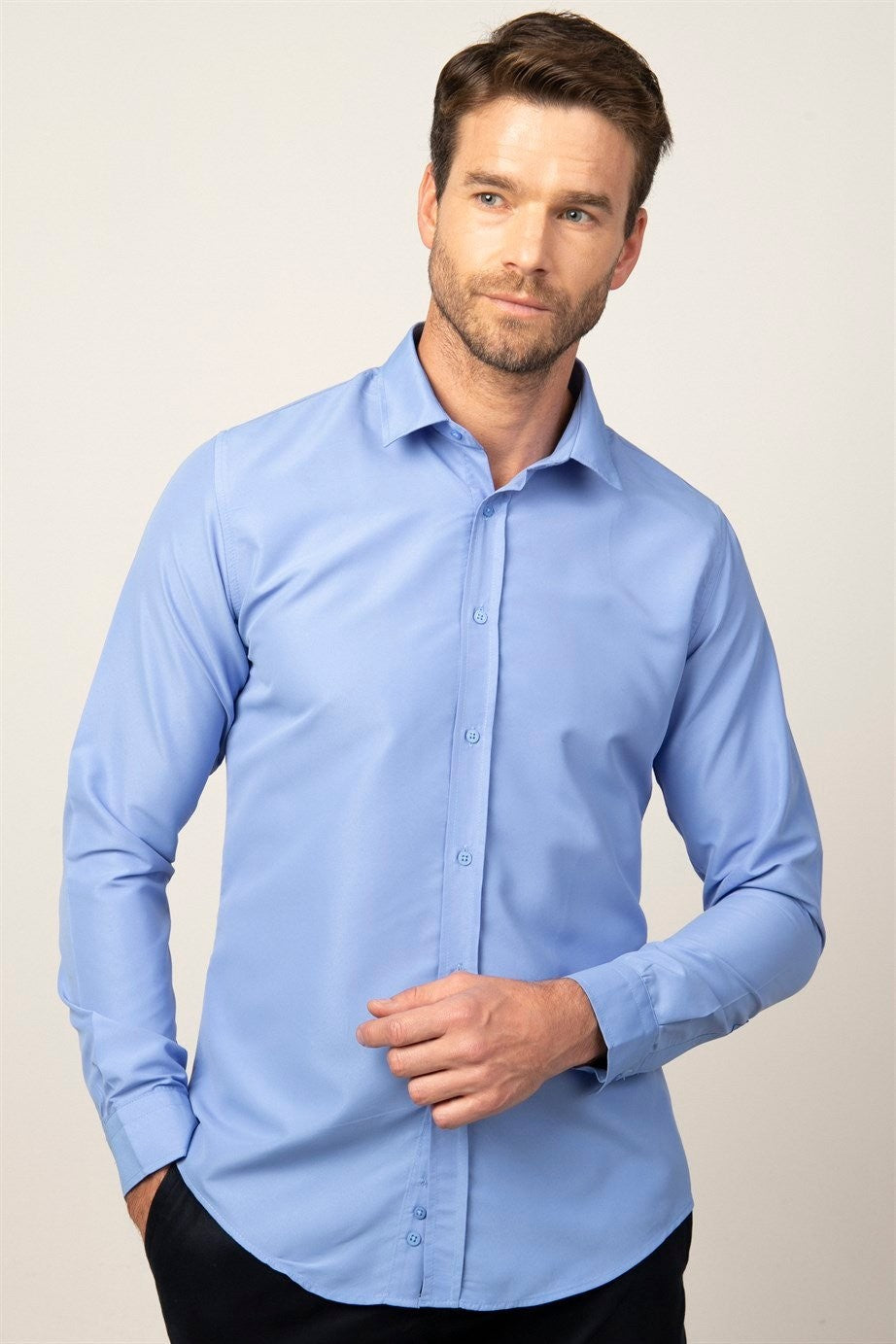 Mens Poly Blue Slim Fit Long Sleeve Dress Shirt