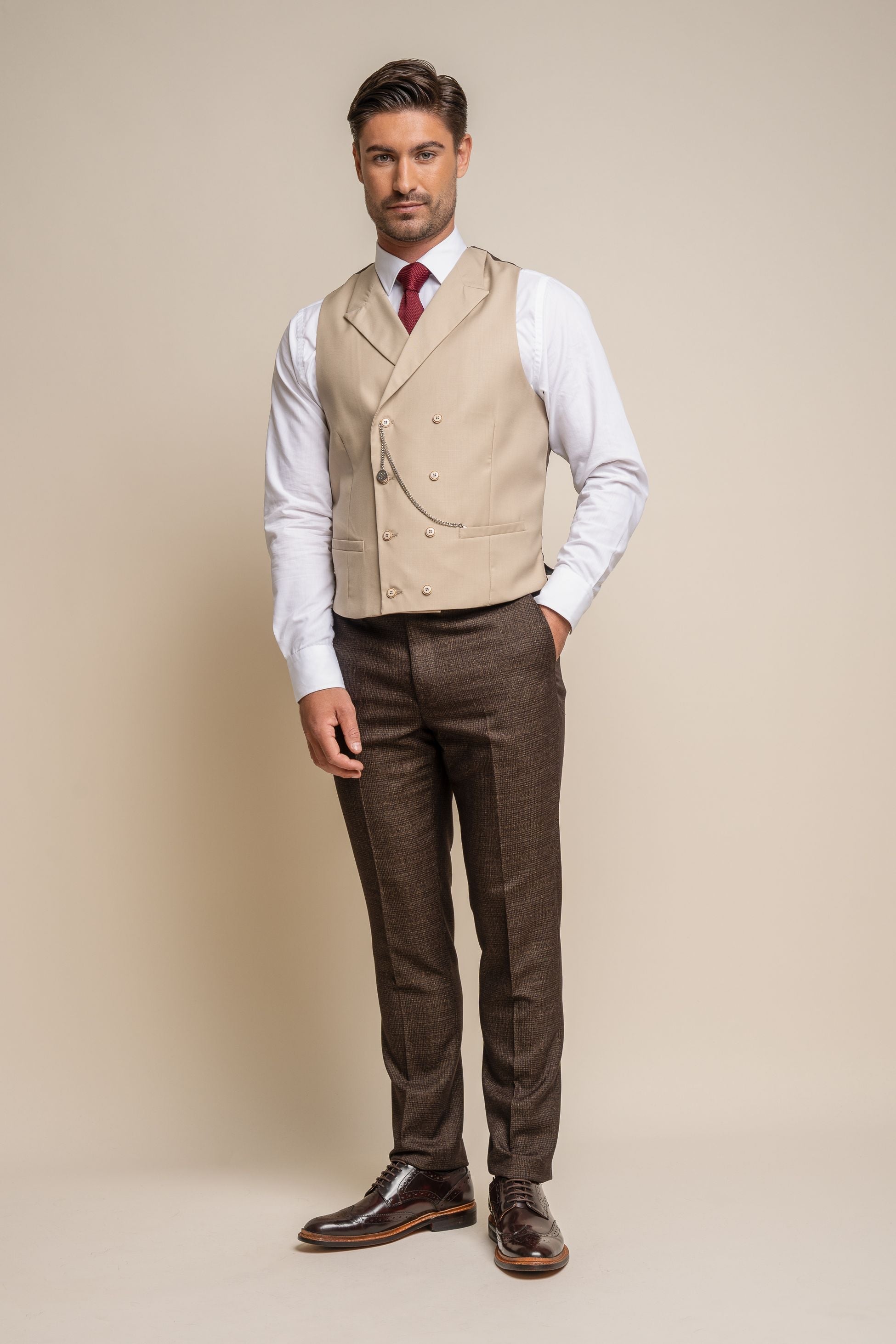 Mens Beige Slim Fit Double Breasted Waistcoat LENNOX
