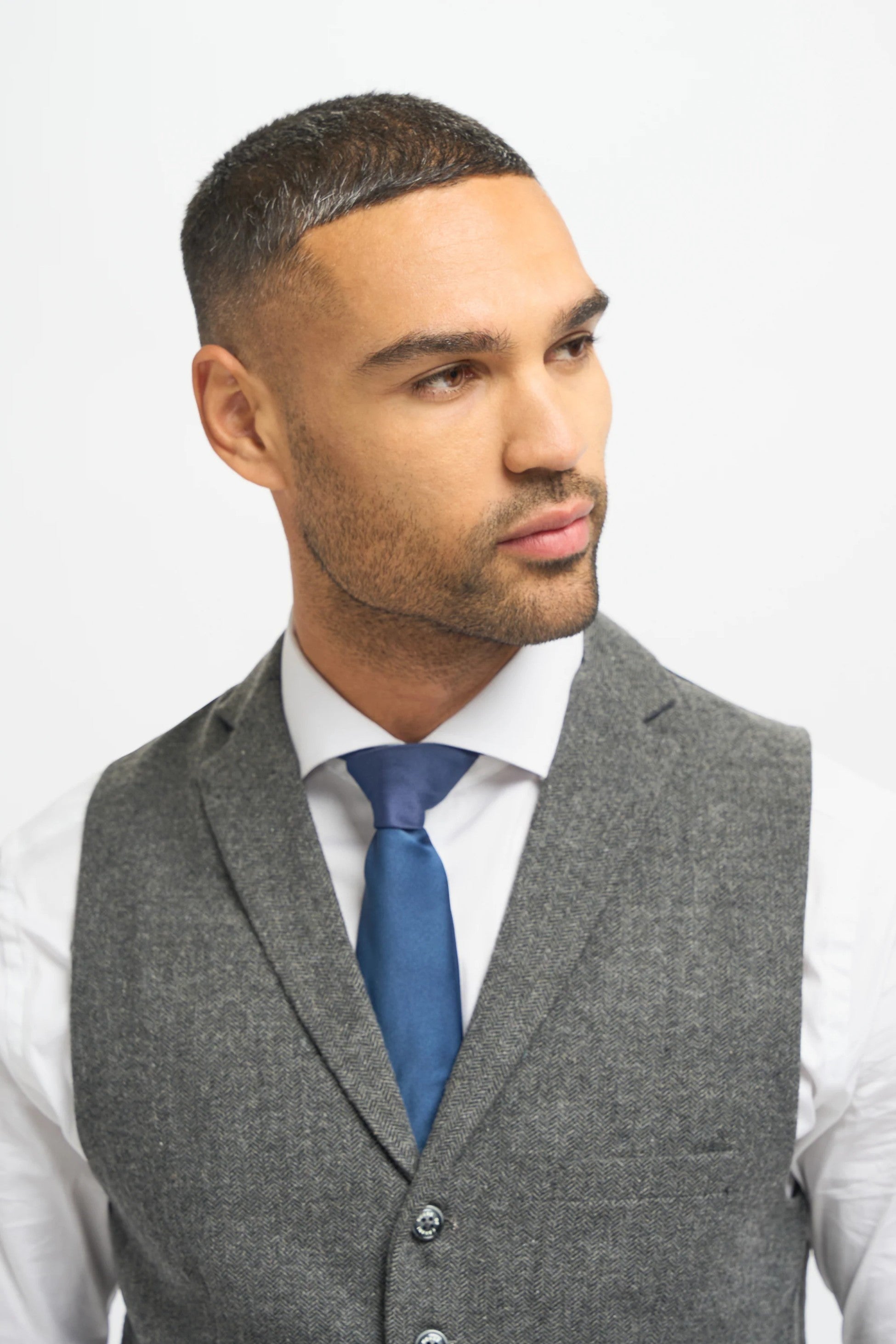 Grey Herringbone Tweed Men's Jacket and Waistcoat with Slim Fit Navy Blue Trousers