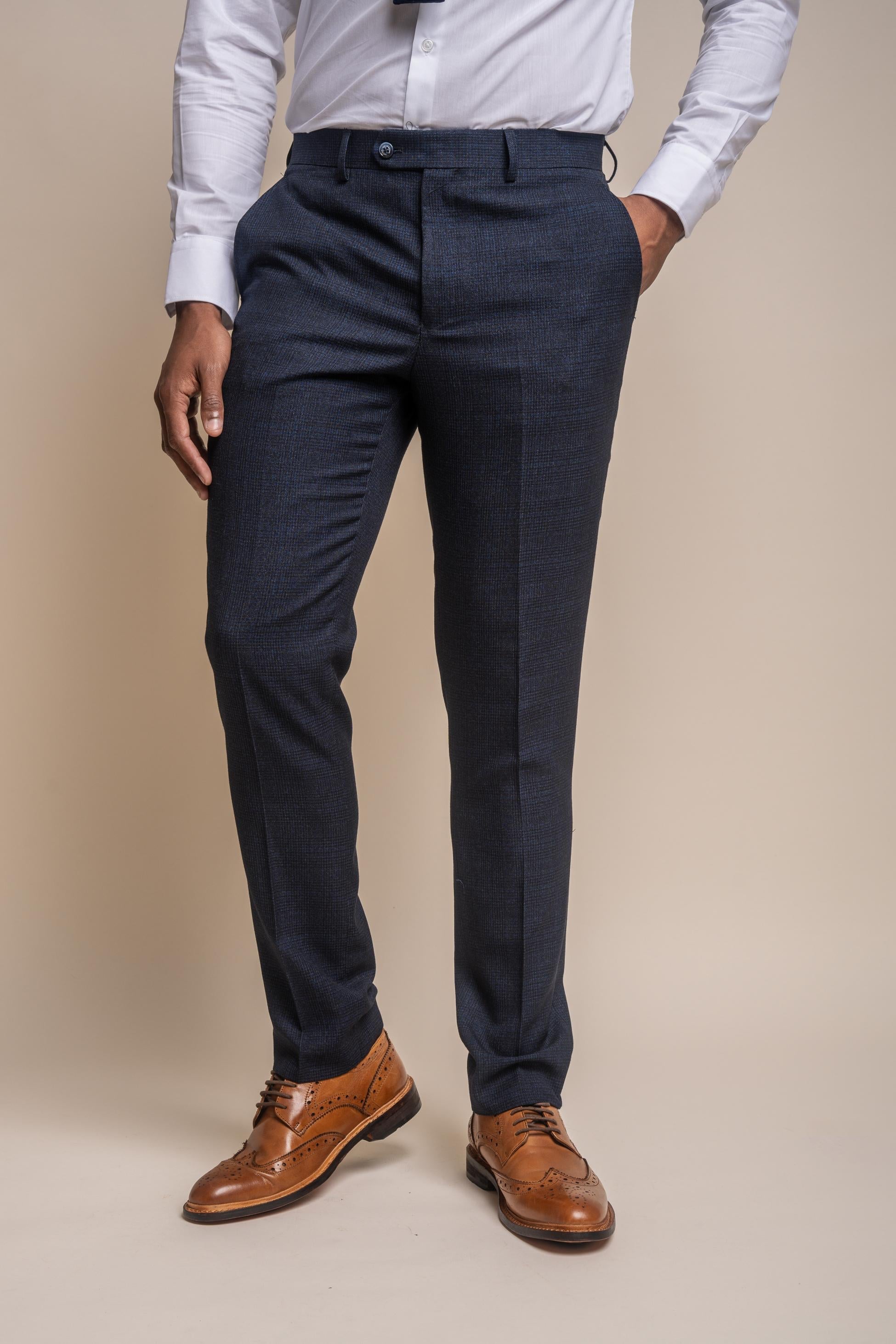 Men's Tweed Glen Check Slim Fit Trousers - CARIDI - Navy Blue