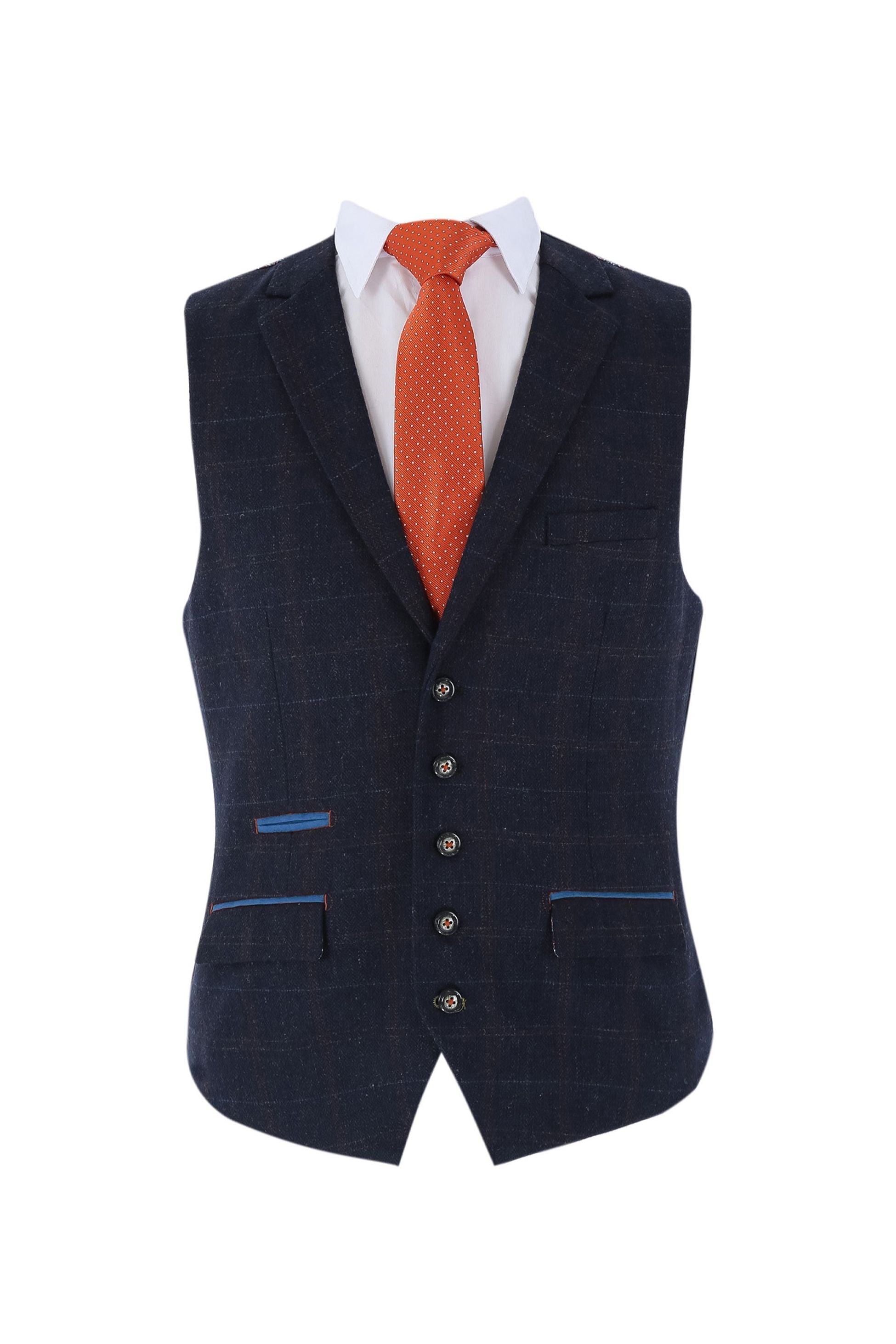 Mens navy tweed windowpane check waistcoat Ryan