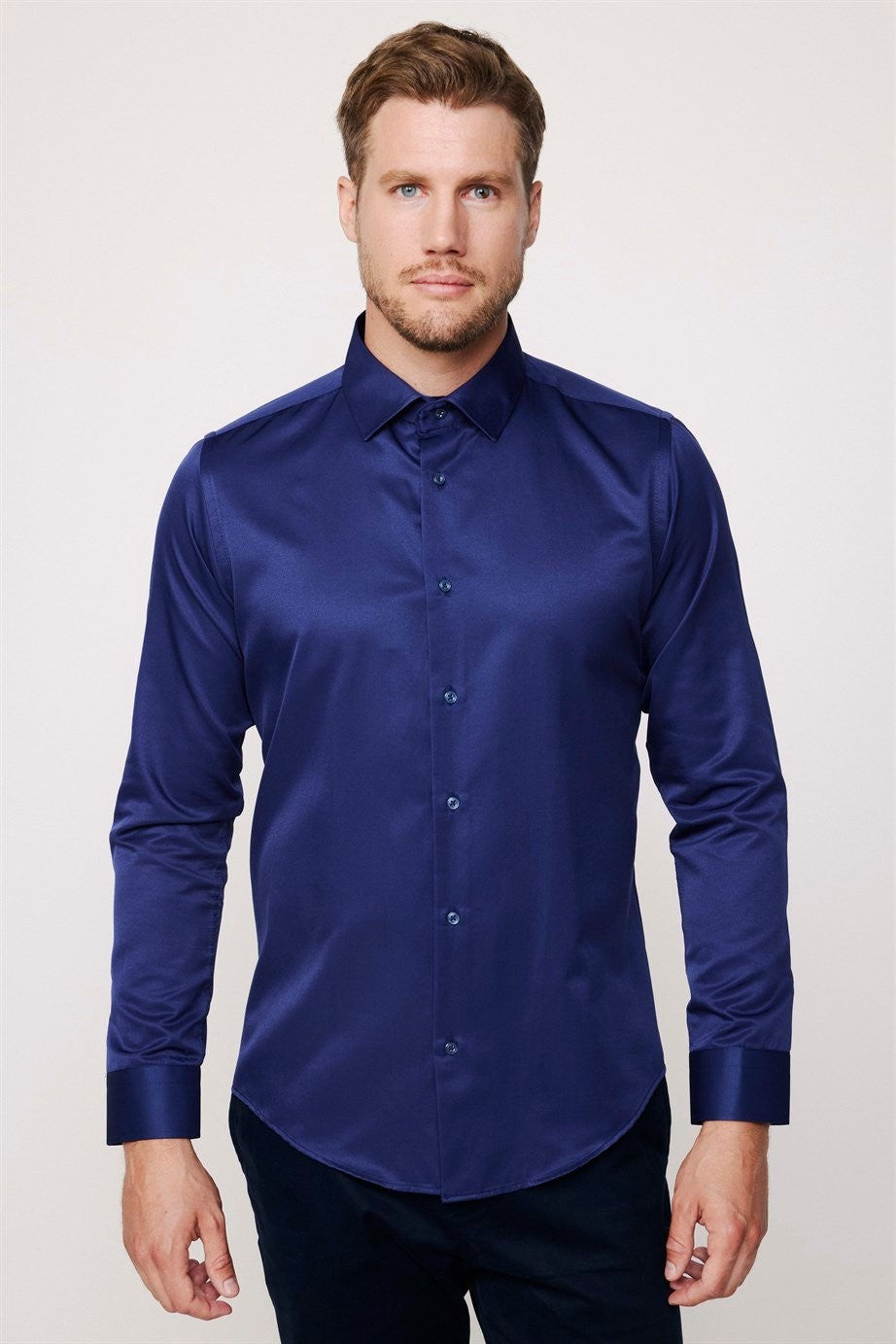 Mens Dimi Dotti Night Blue Cotton Blend Slim Fit Dress Shirt